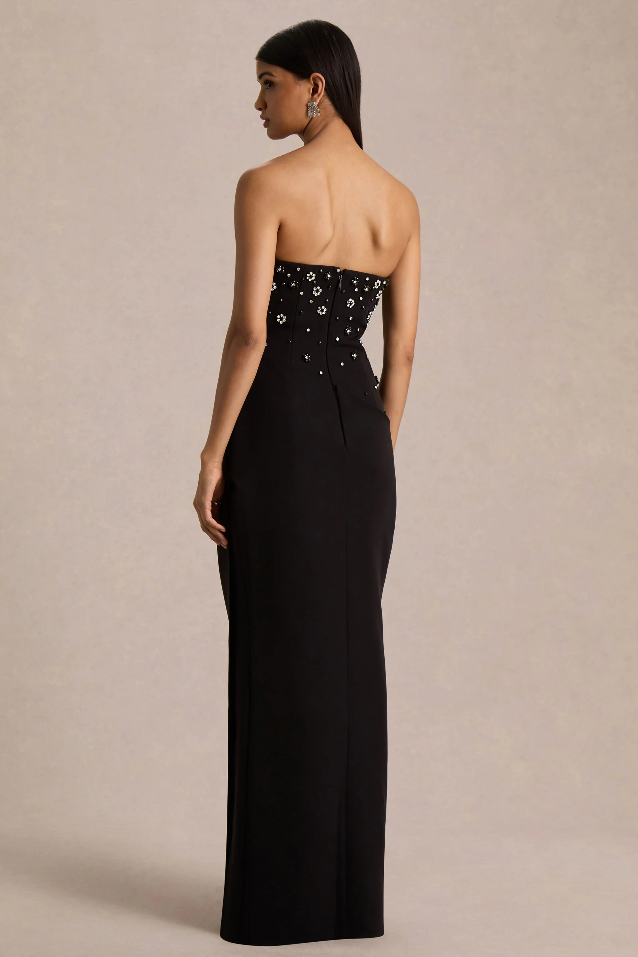 Saphira | Black Hand-Embellished Bandeau-Neck Maxi Dress - Image 2