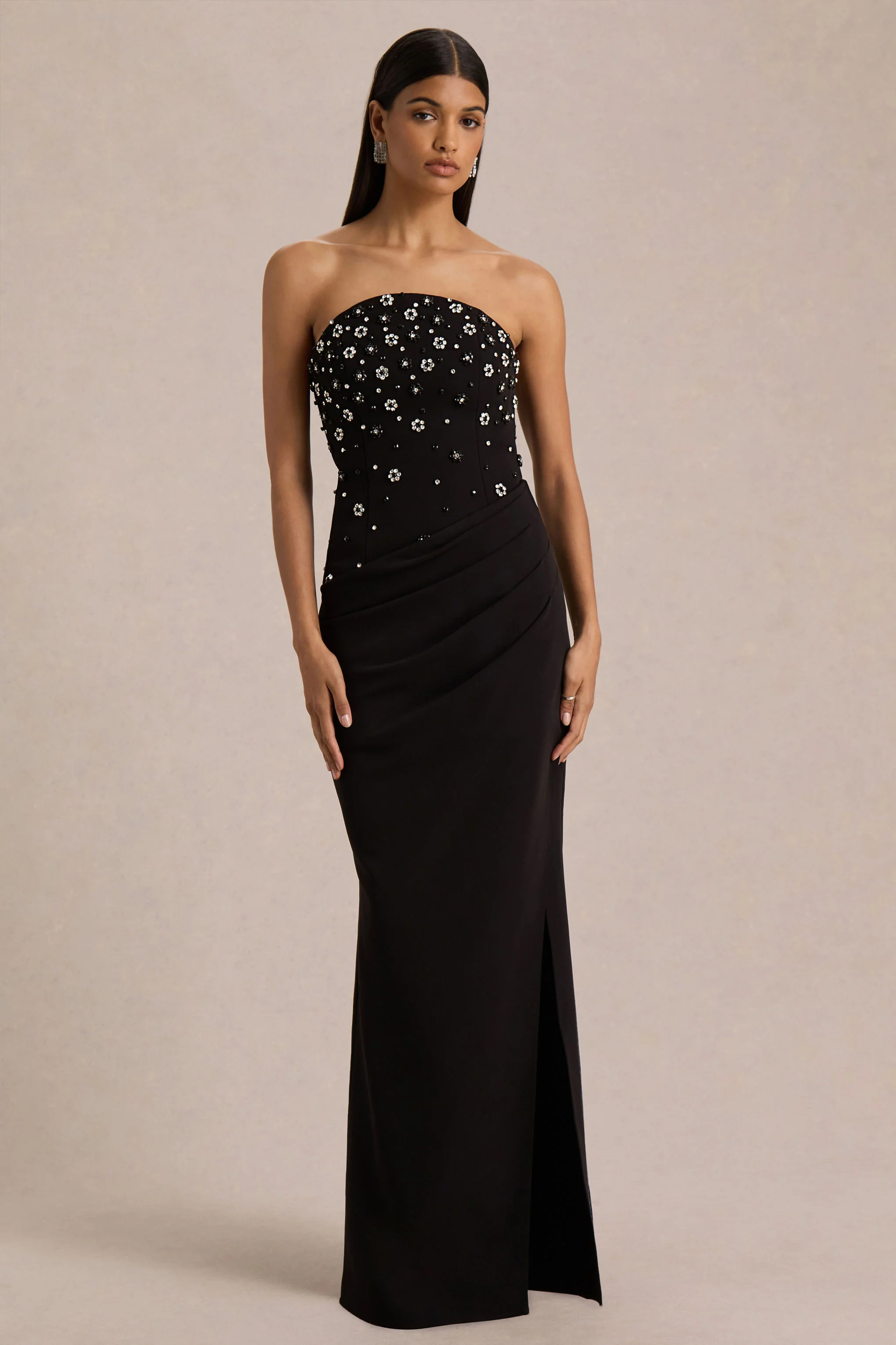 Saphira | Black Hand-Embellished Bandeau-Neck Maxi Dress - Image 4