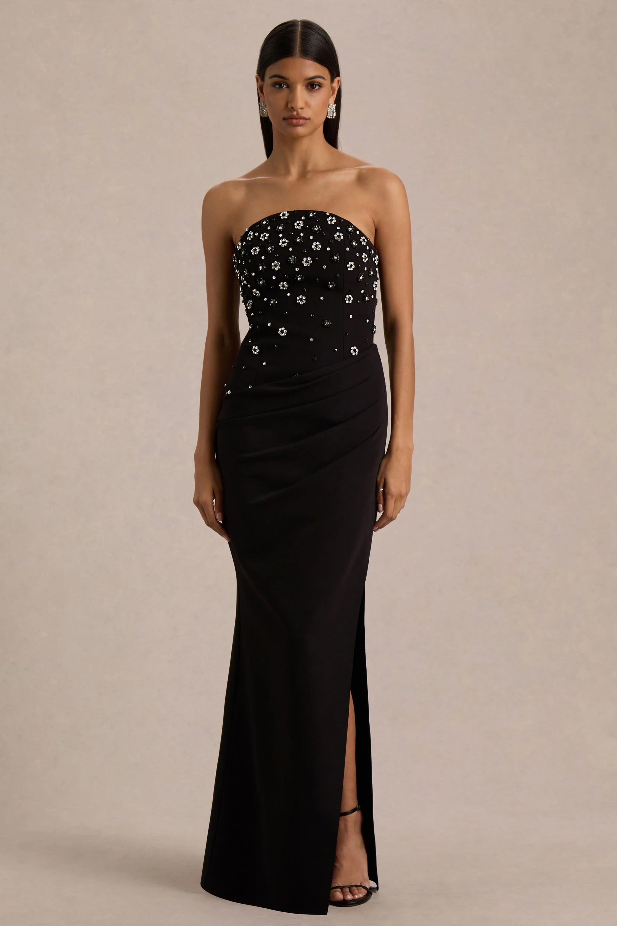 Saphira | Black Hand-Embellished Bandeau-Neck Maxi Dress - Image 5