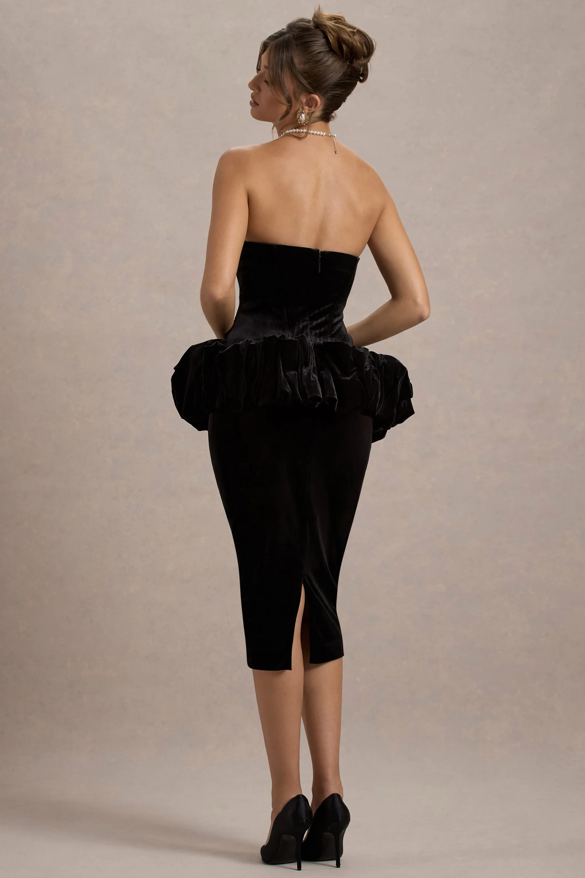 Sarifa | Black Velvet Strapless Corset Midi Dress With Ruffle Peplum - Image 2