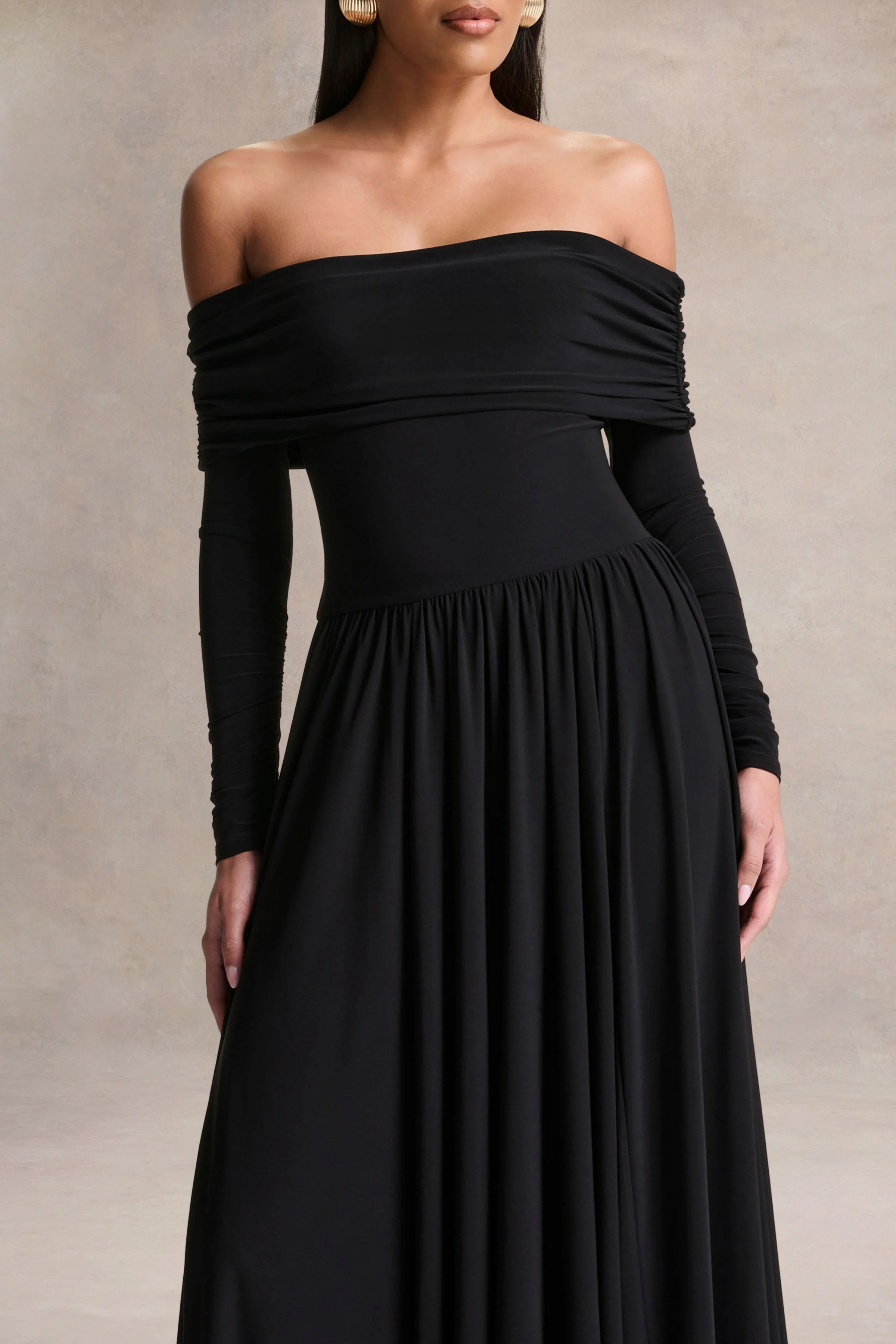 Saskia | Black Bardot-Neck Maxi Dress - Image 3