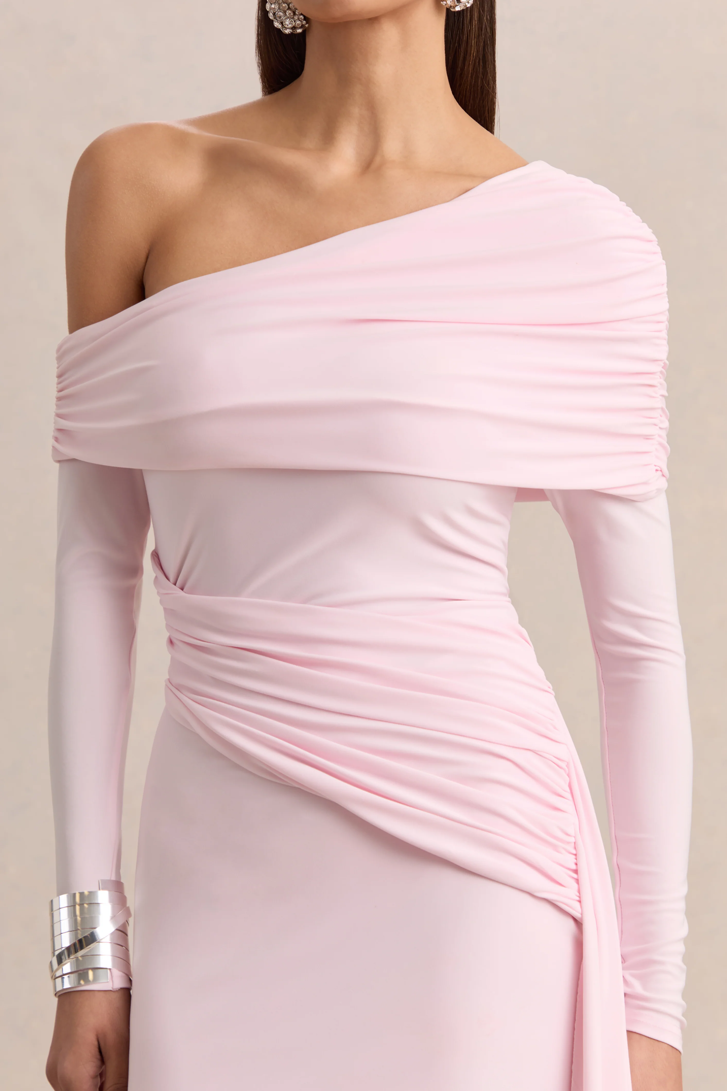 Savita | Light Pink Ruched Asymmetric Mini Dress With Drape - Image 5