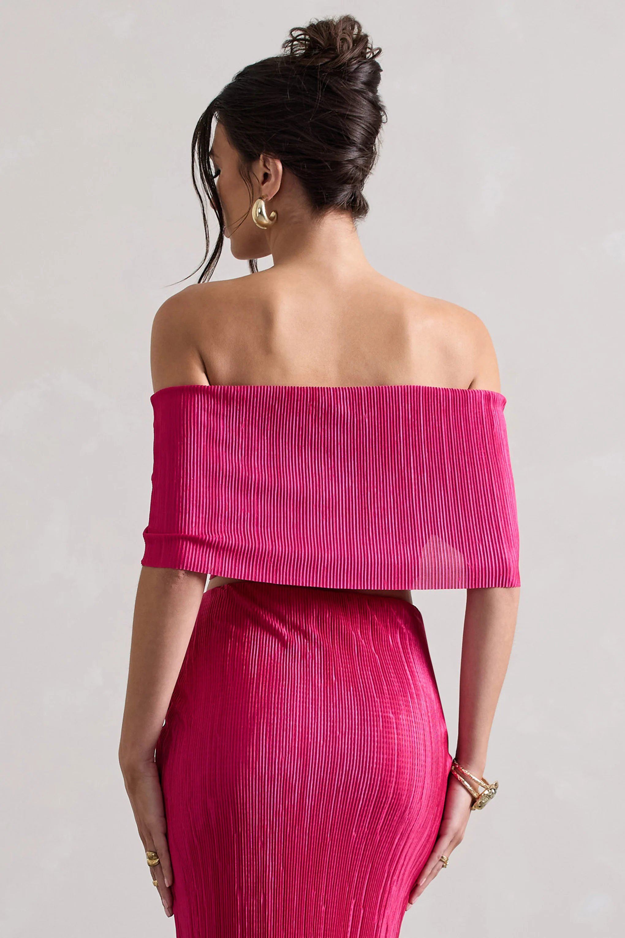 Seara | Hot Pink Plisse Twisted Bardot Crop Top - Image 2