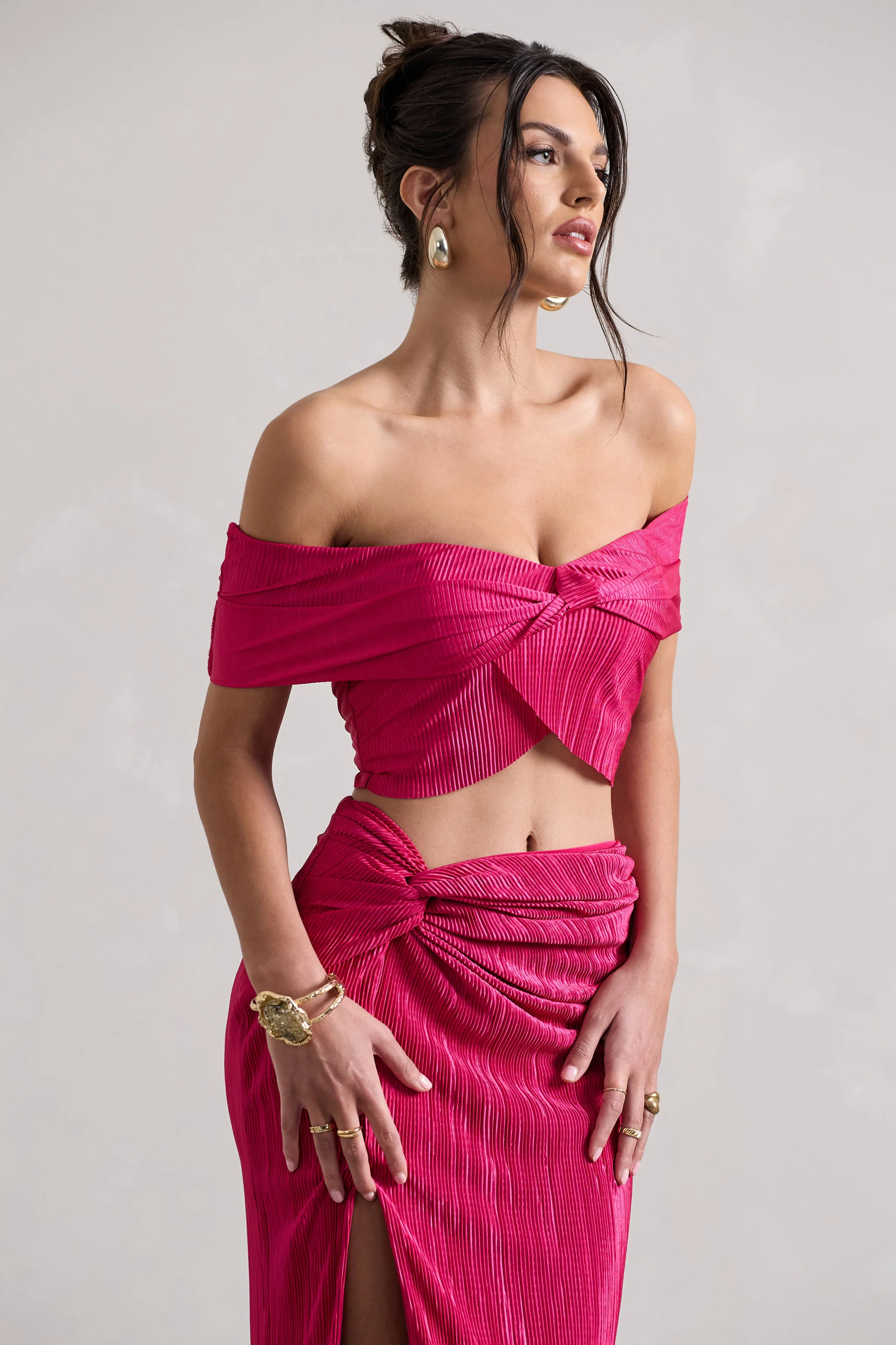 Seara | Hot Pink Plisse Twisted Bardot Crop Top - Image 4
