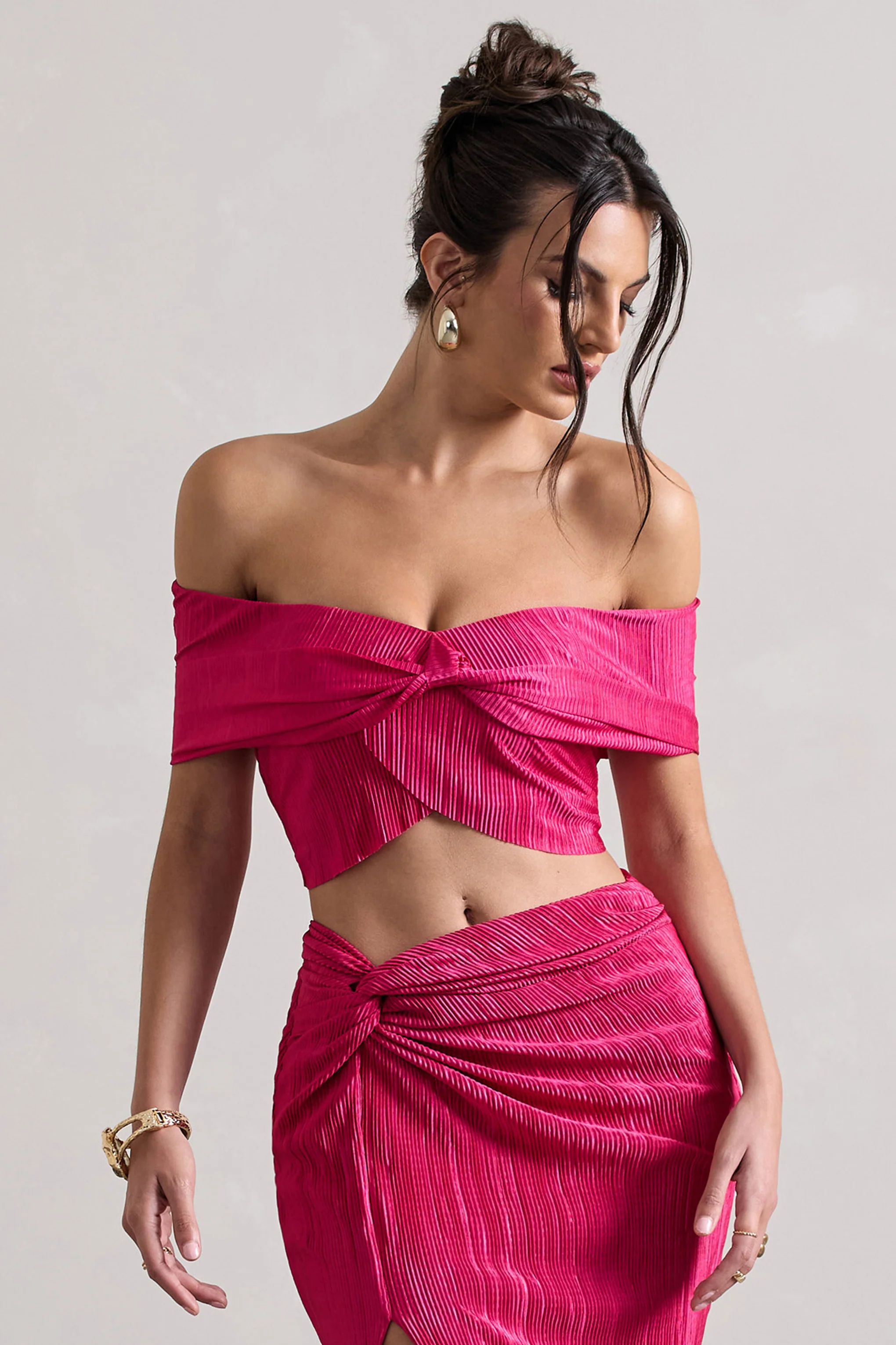 Seara | Hot Pink Plisse Twisted Bardot Crop Top - Image 5
