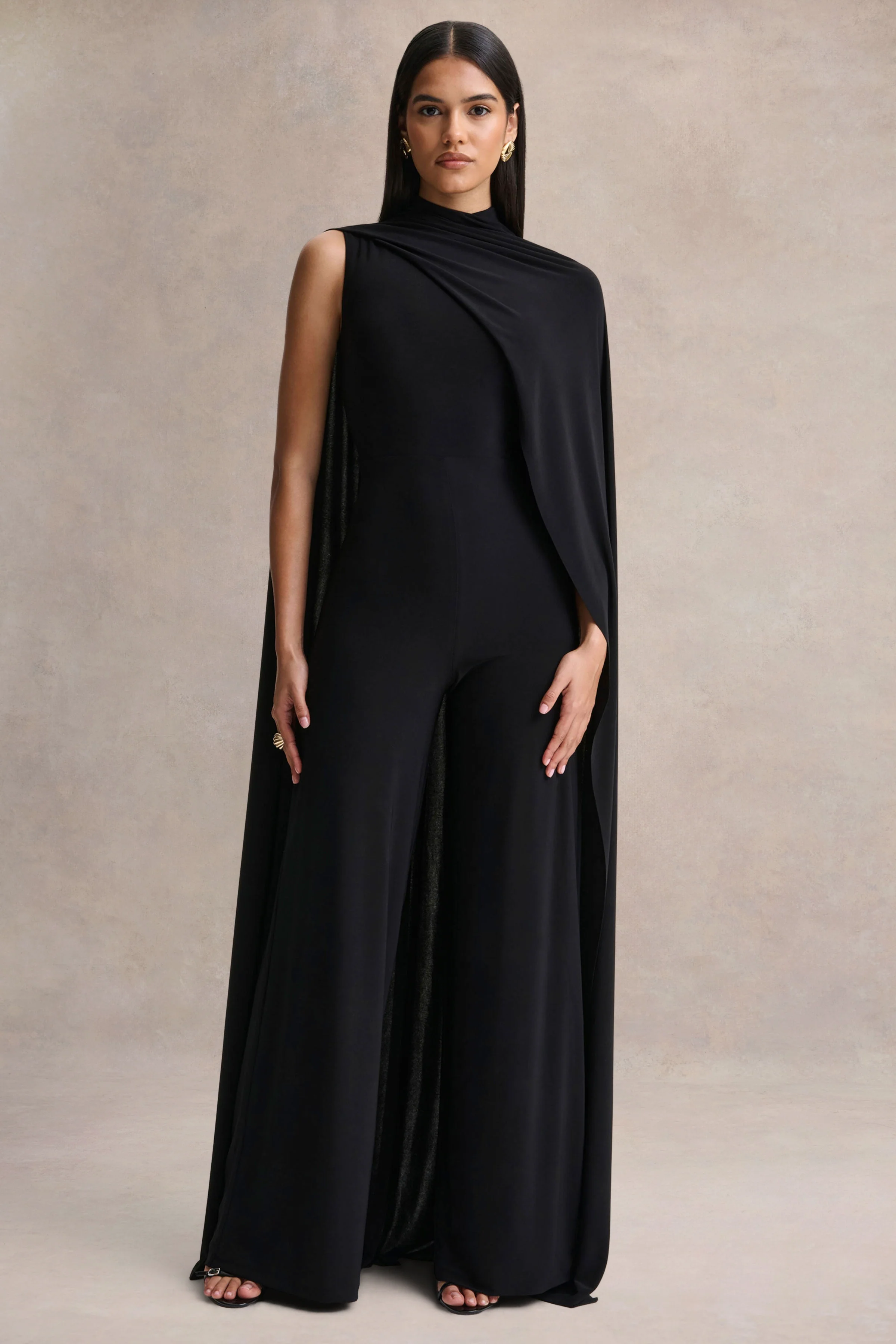 Seema | Black High-Neck Jumpsuit With Cape - Image 4