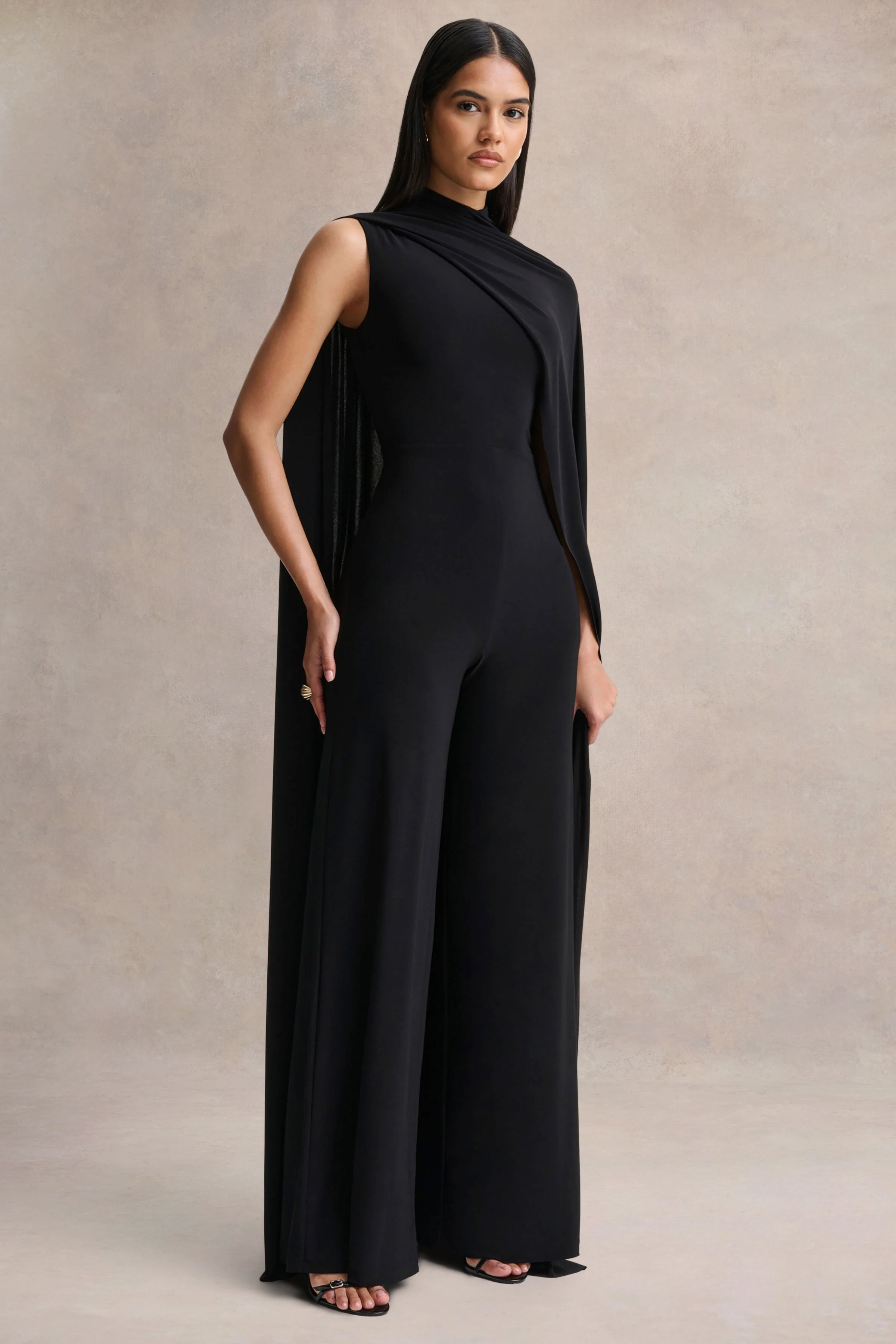 Seema | Black High-Neck Jumpsuit With Cape - Image 5