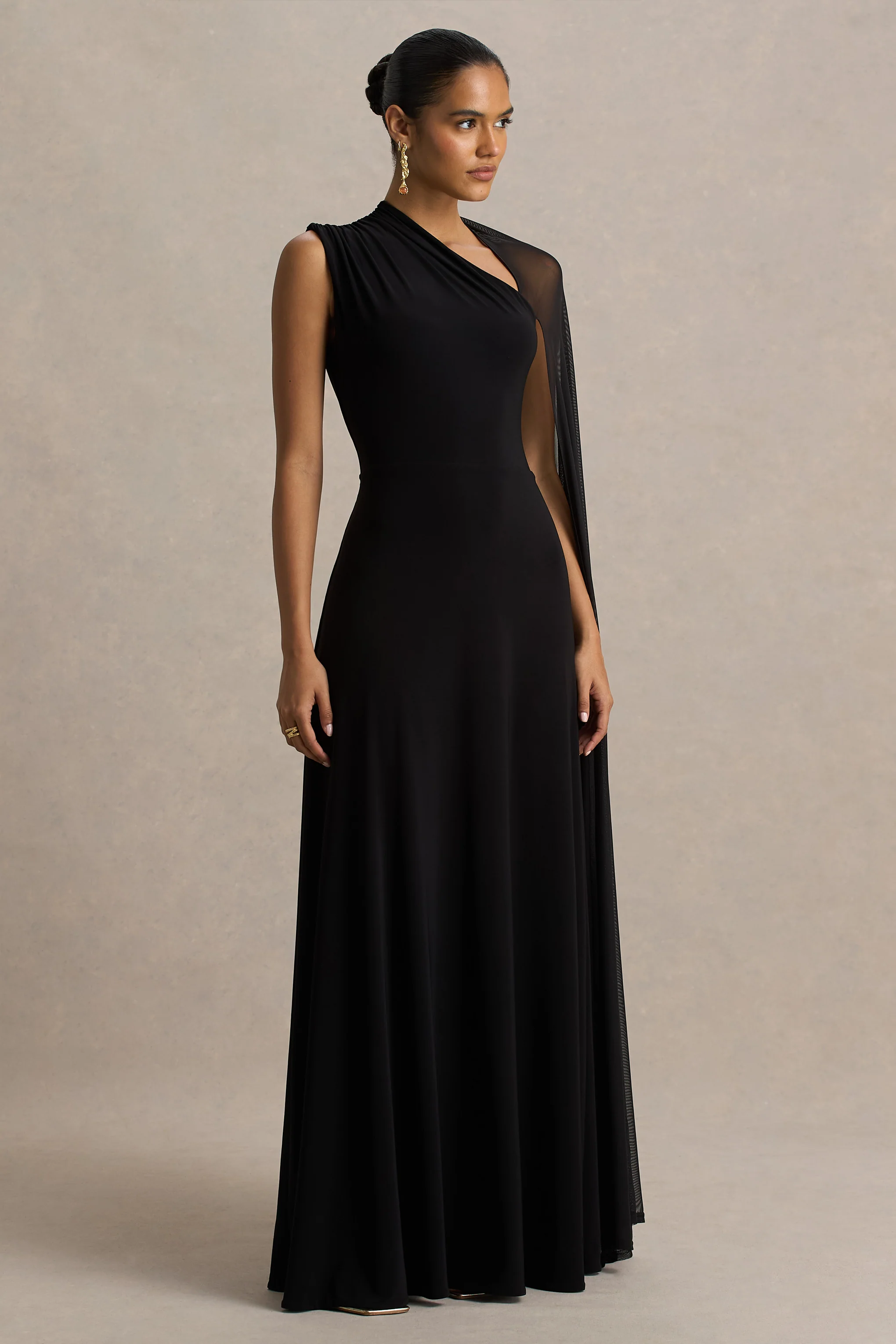 Selena | Black High-Neck Maxi Dress With Cut-Out And Cape Sleeve Detail - Image 3
