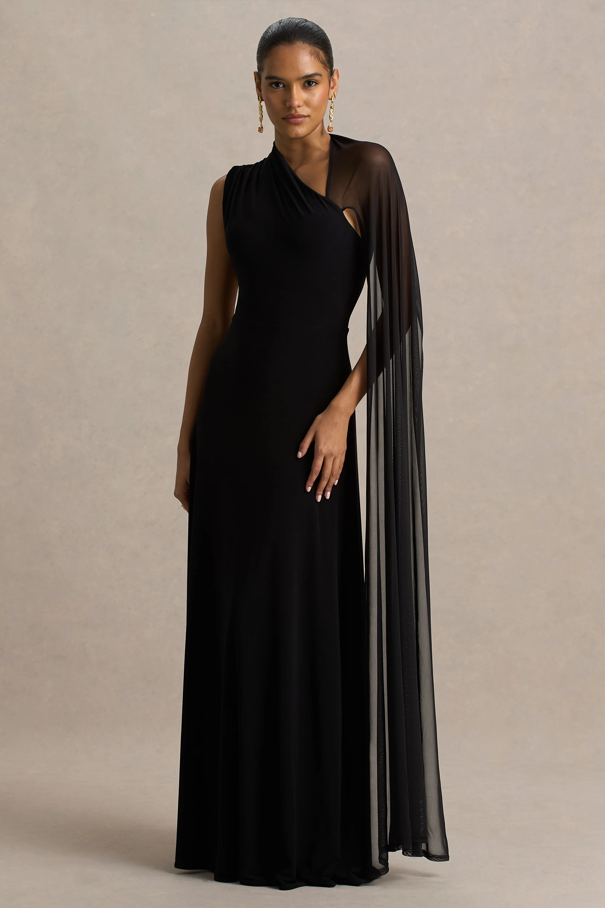 Selena | Black High-Neck Maxi Dress With Cut-Out And Cape Sleeve Detail - Image 5