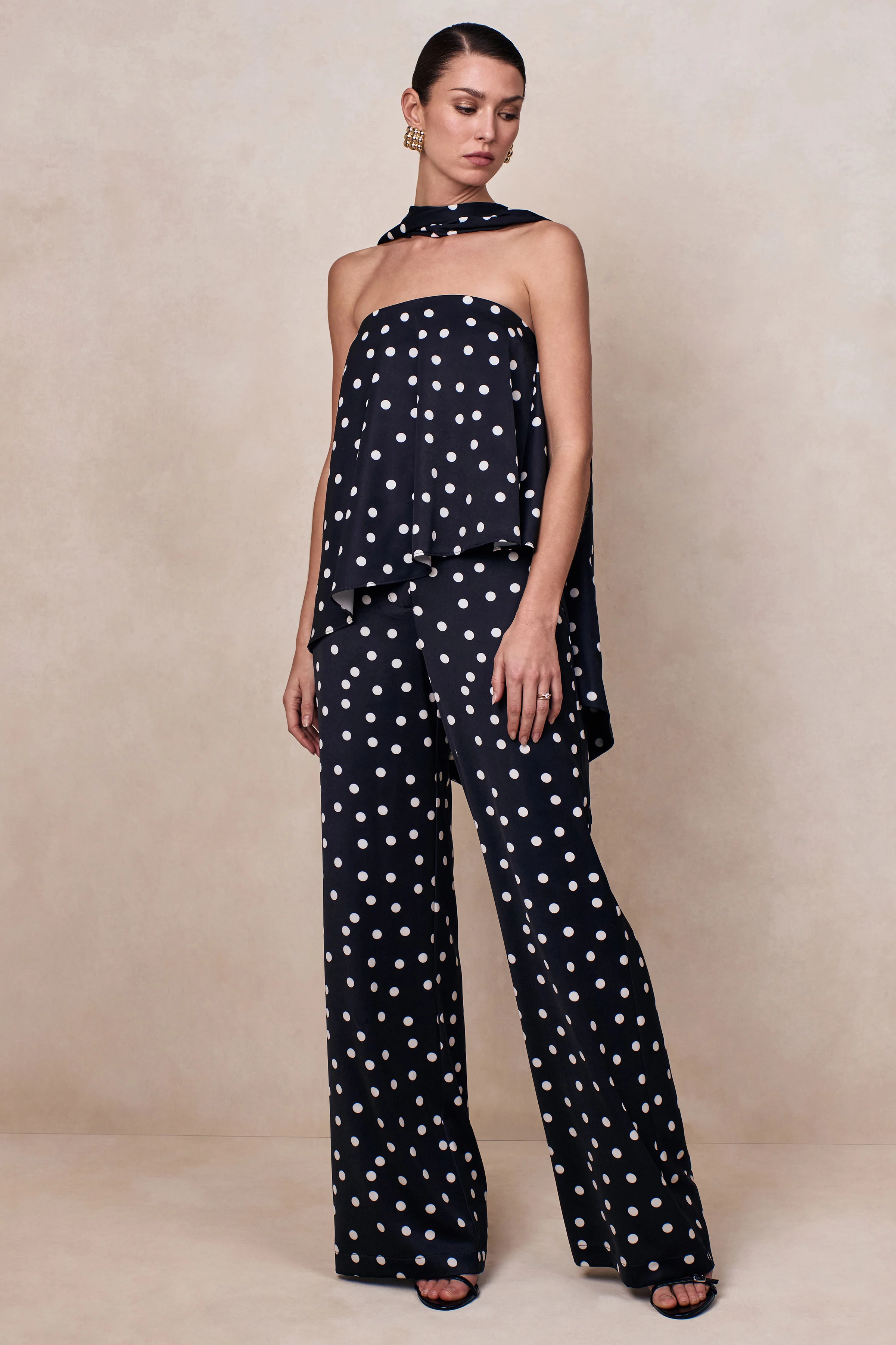 Seloria | Black & White Satin Polka Dot Wide-Leg Trouser - Image 5