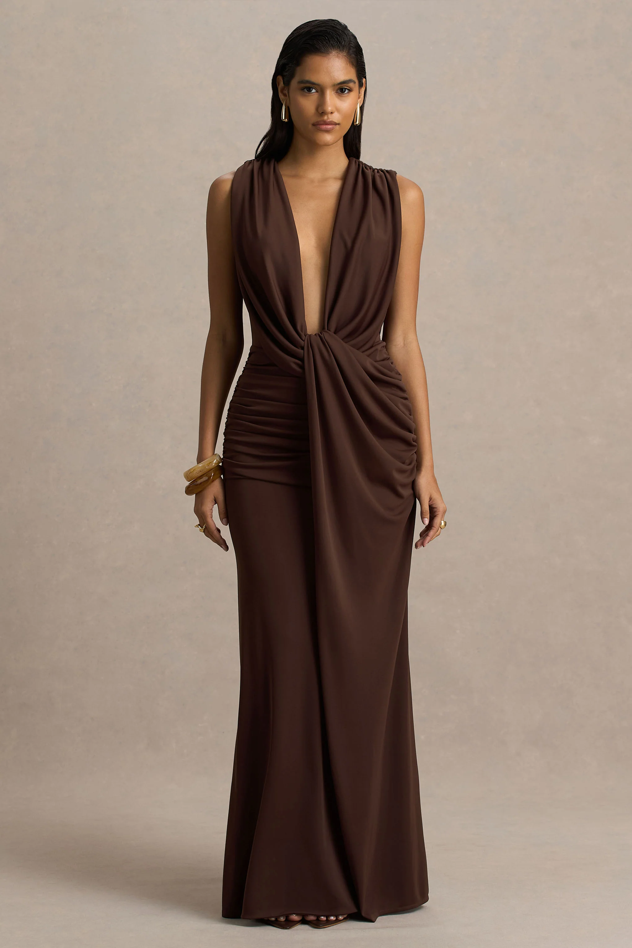 Serafina | Chocolate Extreme-Plunge Neck Maxi Dress With Wrap And Ruched Details - Image 2