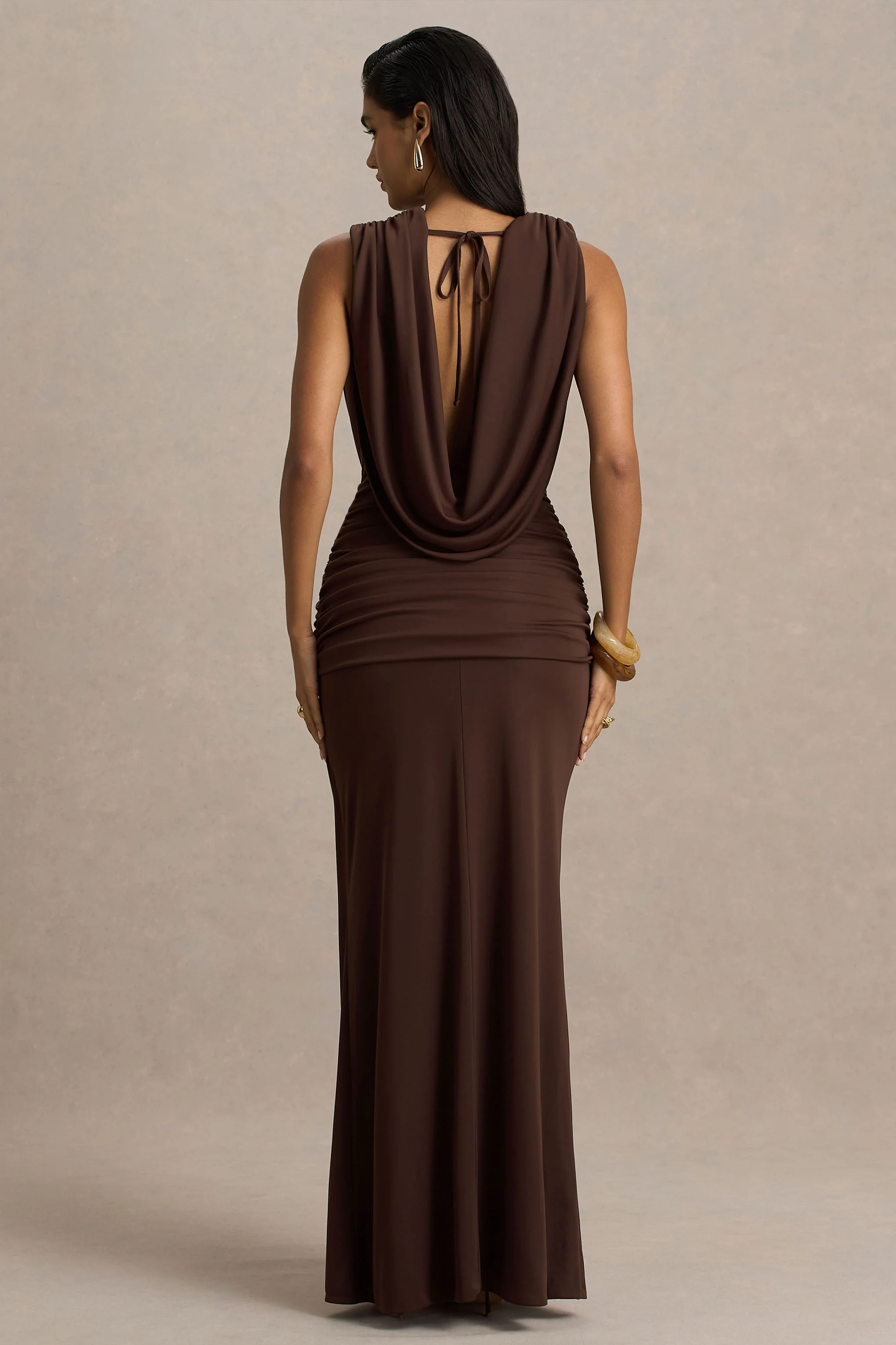 Serafina | Chocolate Extreme-Plunge Neck Maxi Dress With Wrap And Ruched Details - Image 3