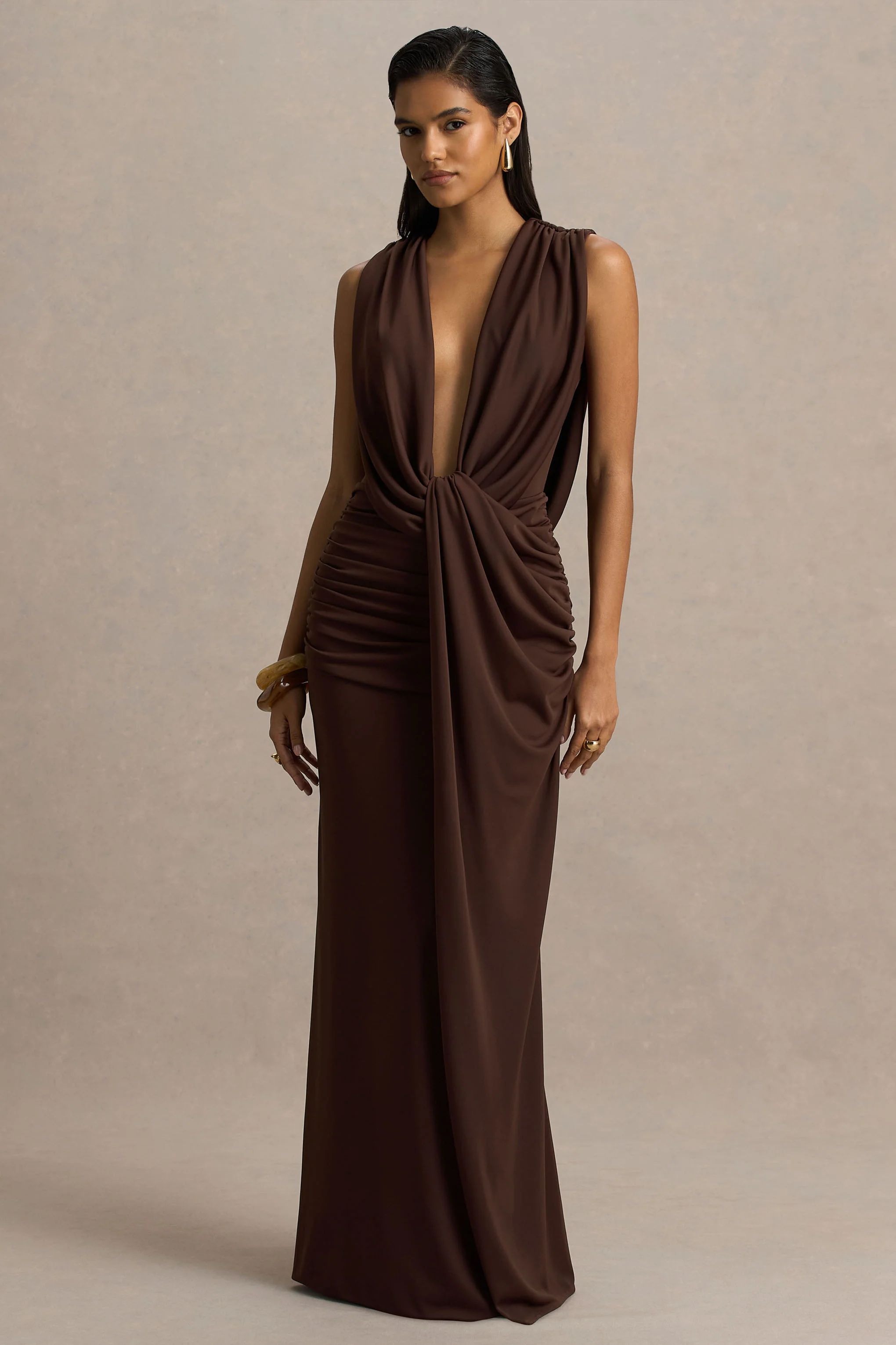 Serafina | Chocolate Extreme-Plunge Neck Maxi Dress With Wrap And Ruched Details - Image 5