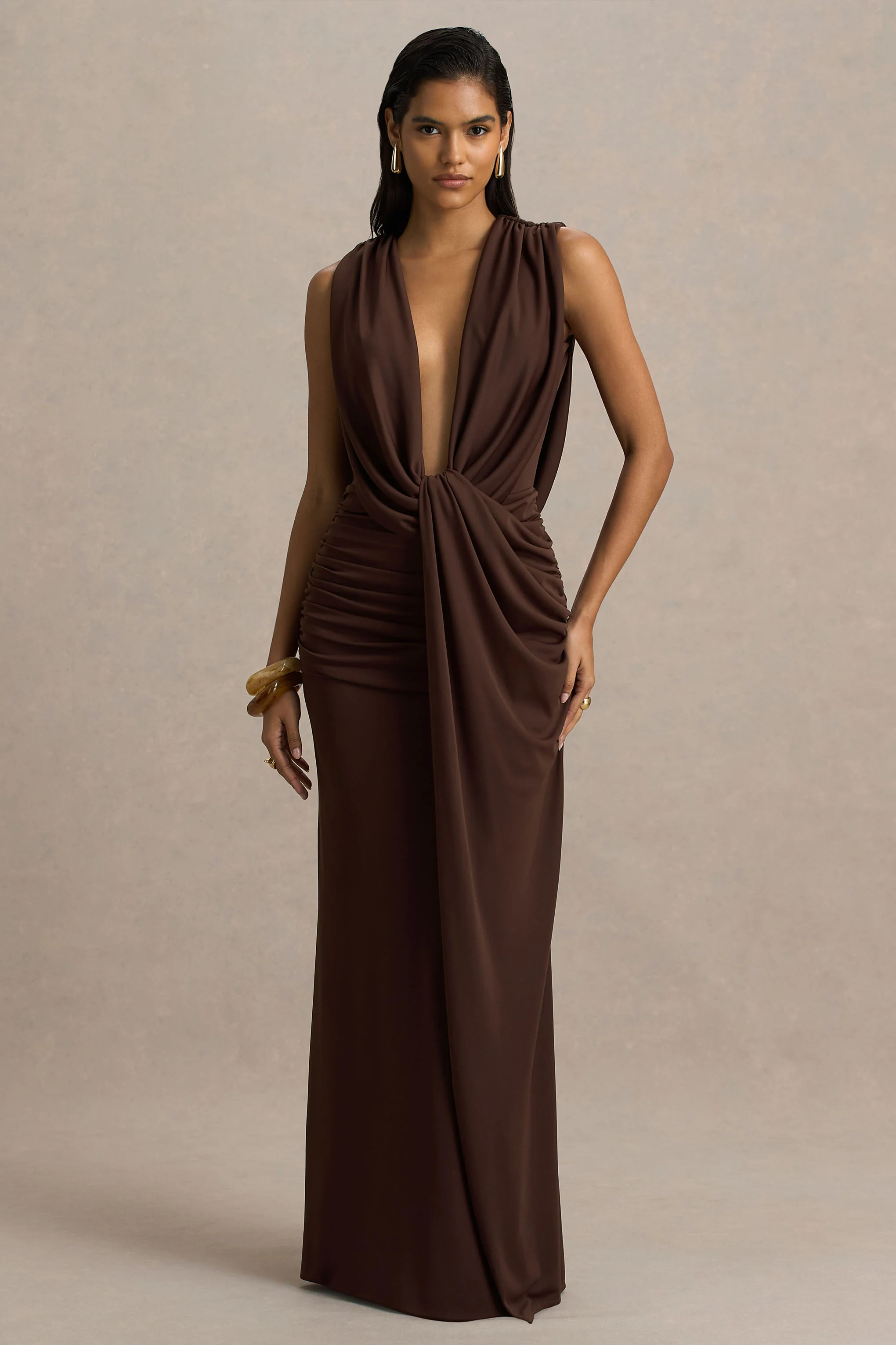 Serafina | Chocolate Extreme-Plunge Neck Maxi Dress With Wrap And Ruched Details - Image 6