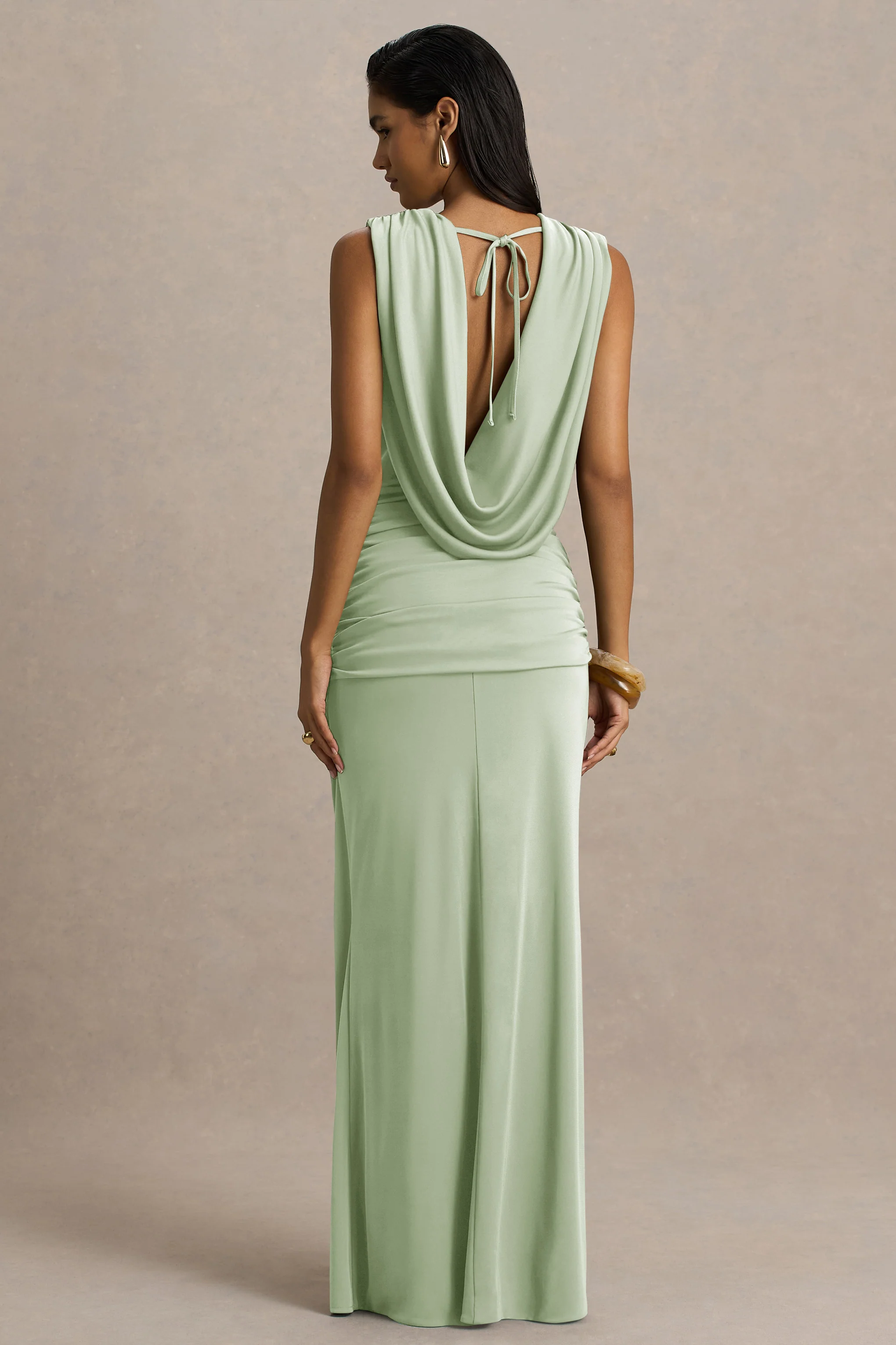 Serafina | Light Green Extreme-Plunge Neck Maxi Dress With Wrap And Ruched Details - Image 2
