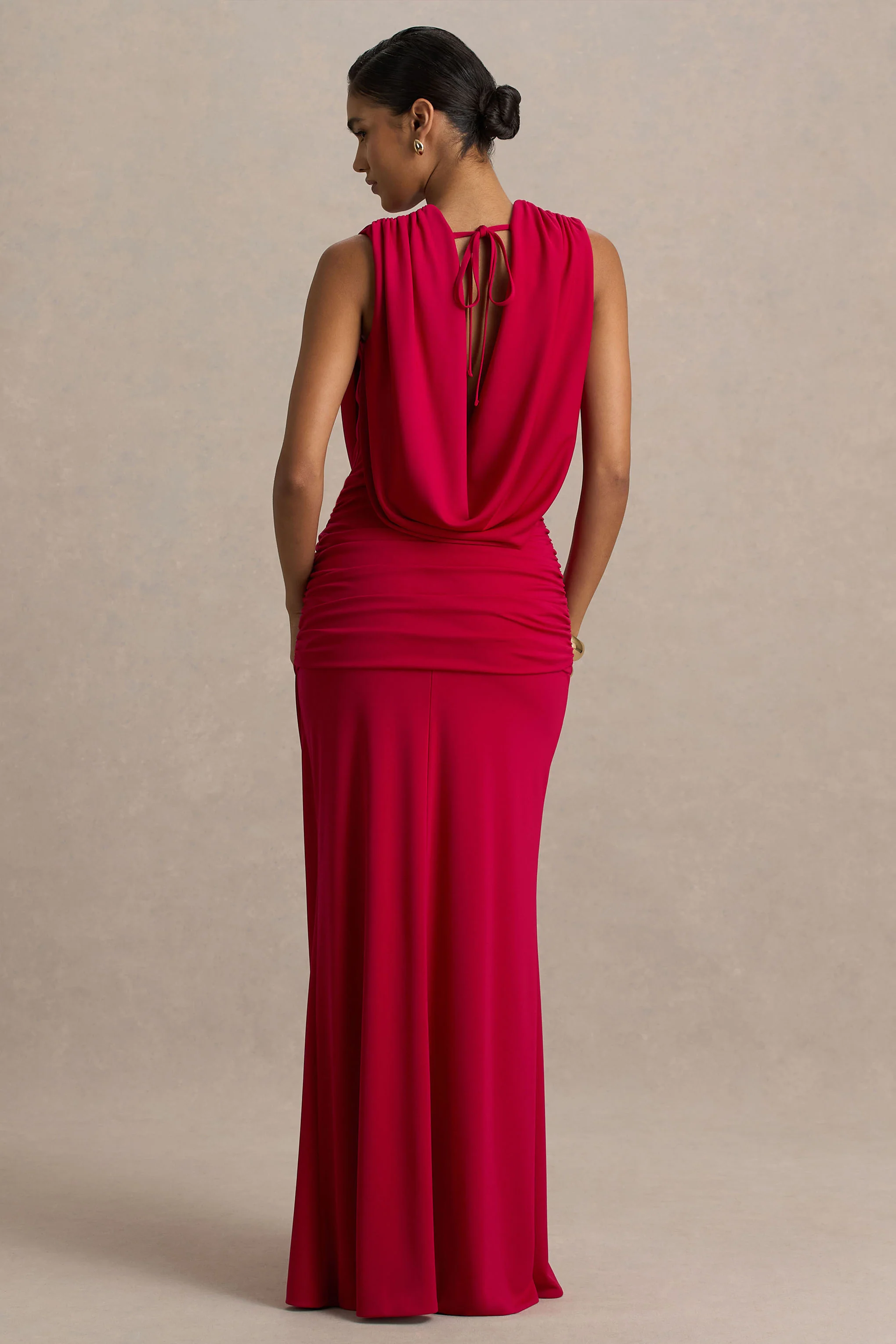 Serafina | Red Extreme-Plunge Maxi Dress With Ruched Detailing And Open-Back - Image 2