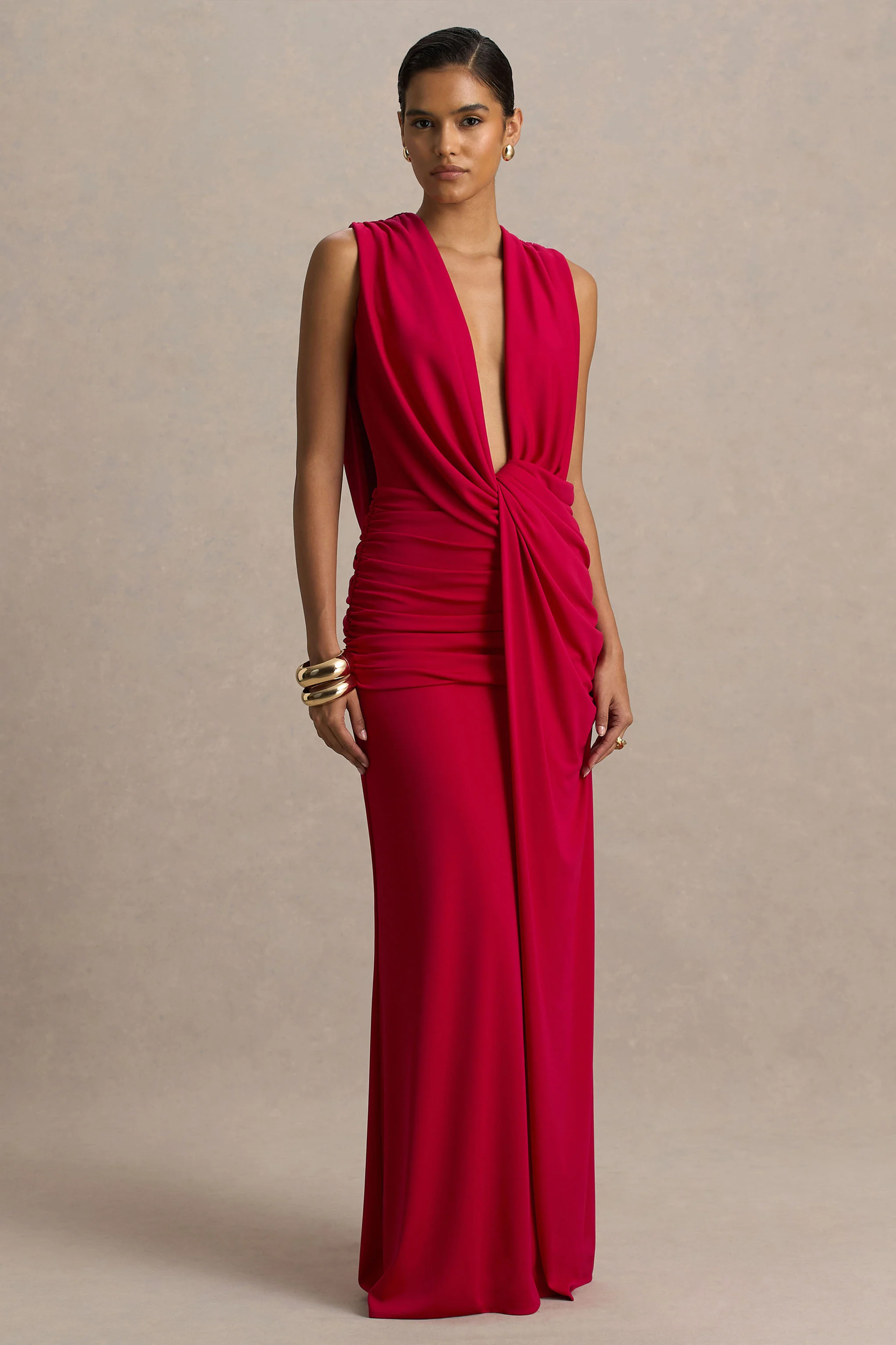 Serafina | Red Extreme-Plunge Maxi Dress With Ruched Detailing And Open-Back - Image 5