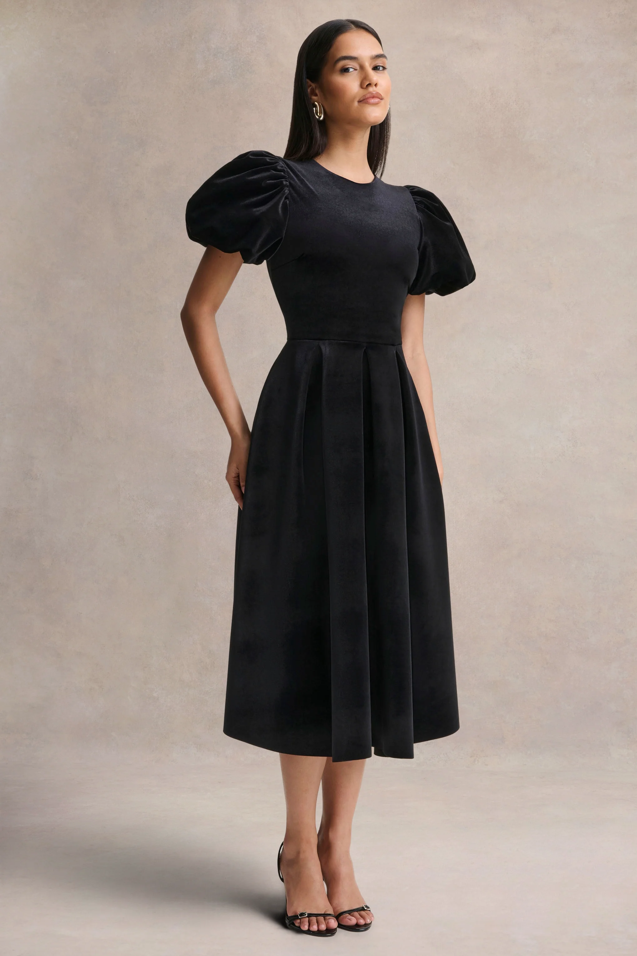 Seraphic | Black Velvet Puff-Sleeve Midi Dress - Image 4