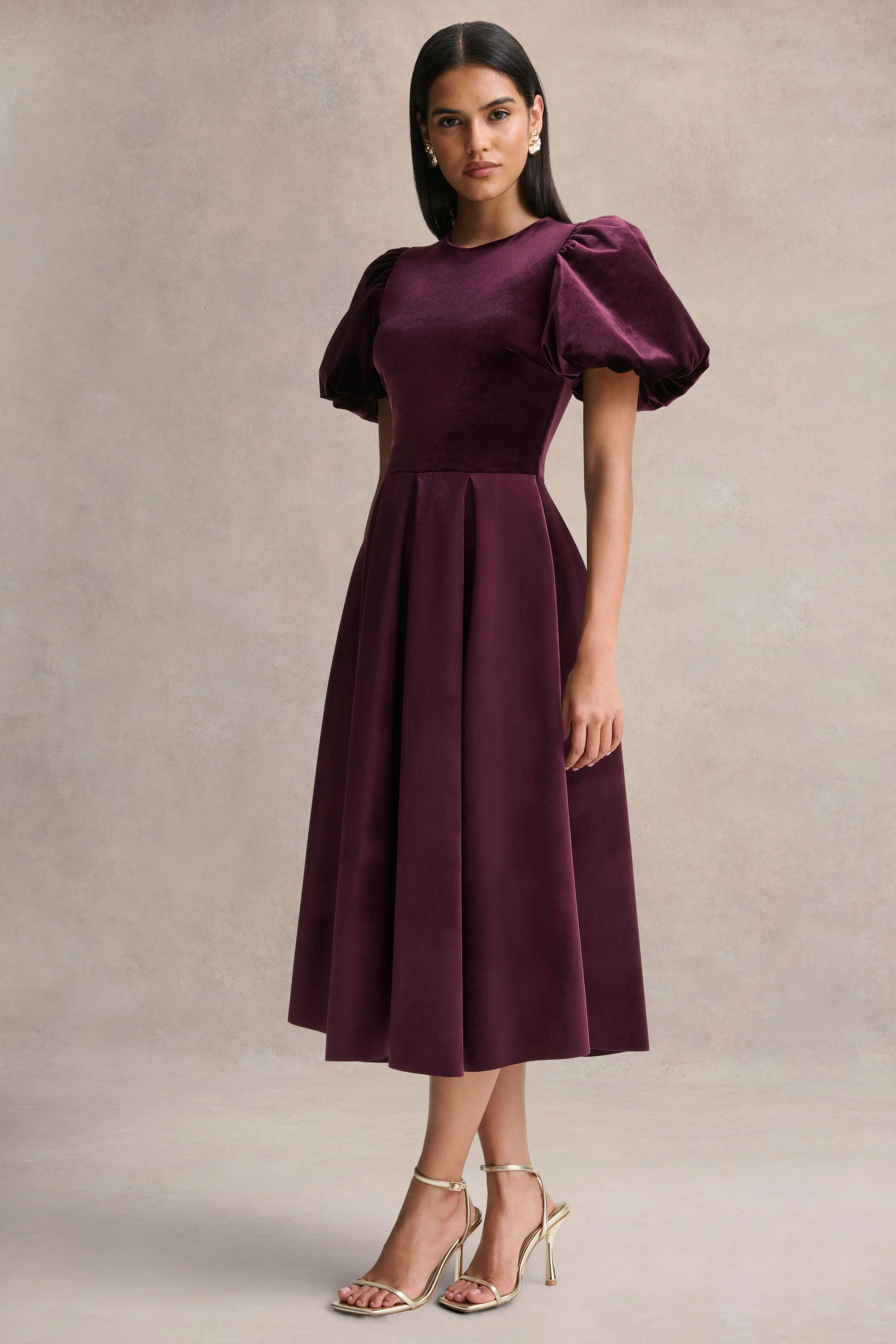 Seraphic | Burgundy Velvet Puff-Sleeve Midi Dress - Image 3