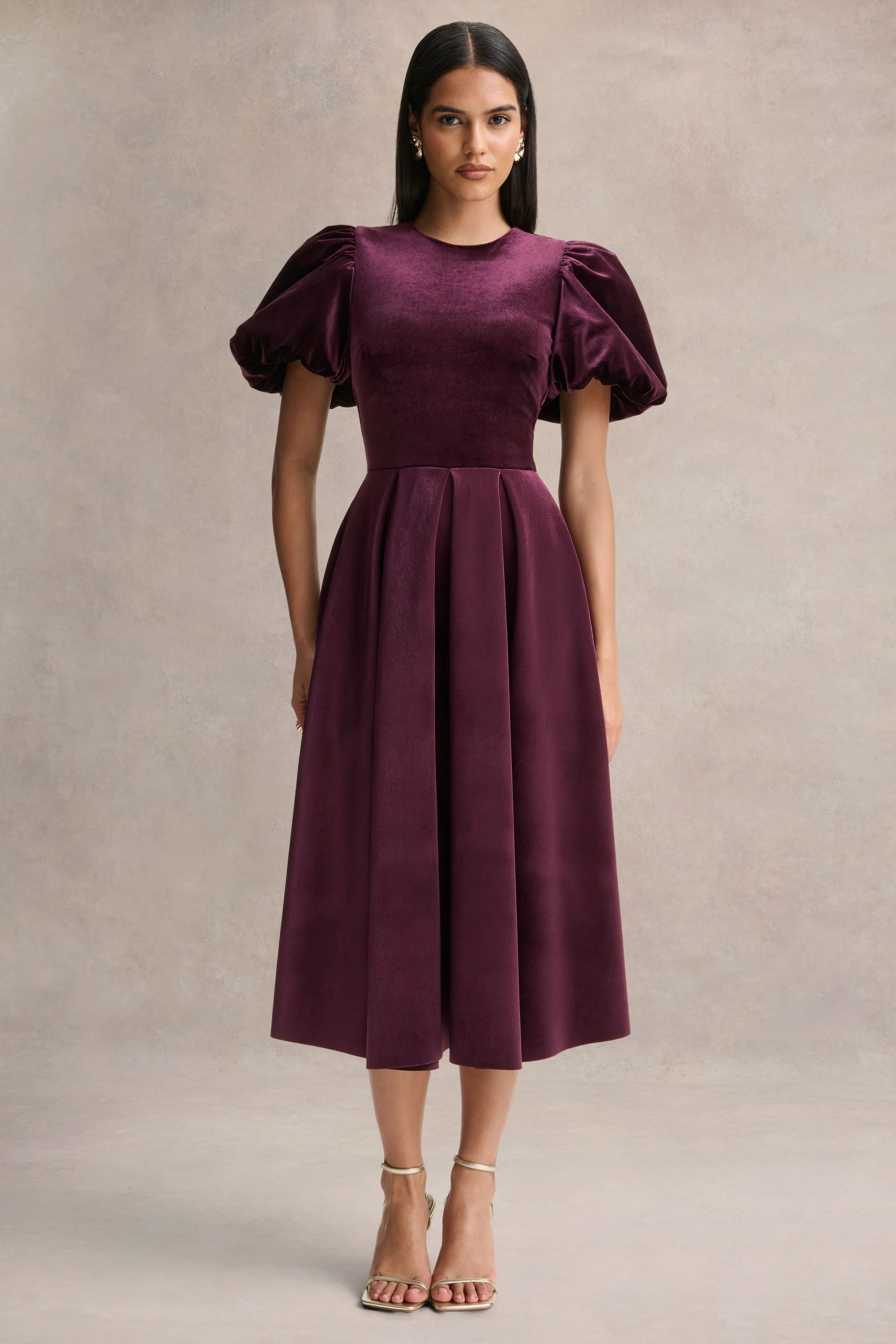 Seraphic | Burgundy Velvet Puff-Sleeve Midi Dress - Image 5