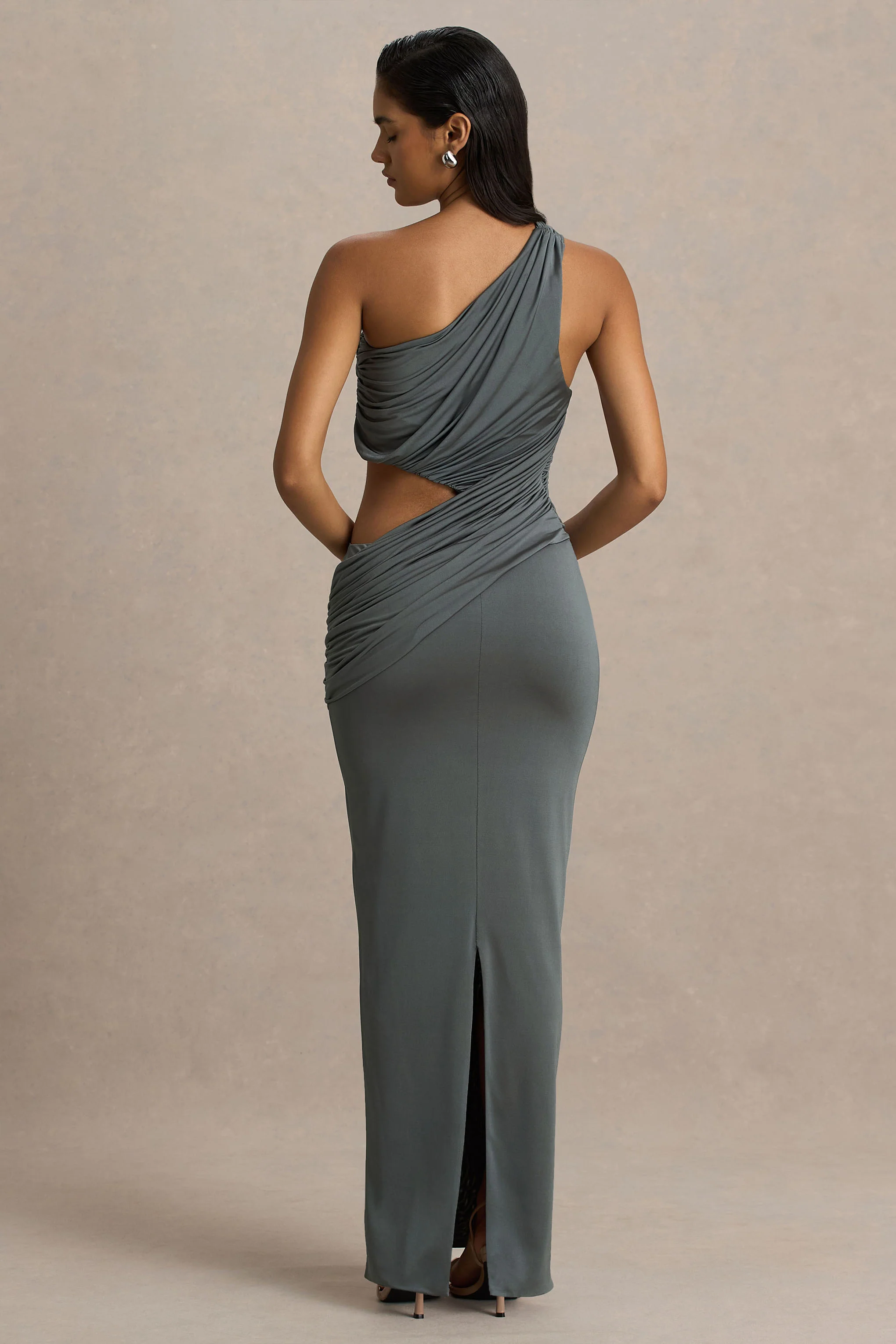 Serefine | Grey Asymmetric-Neck Maxi Dress With Body Cut-Out - Image 2