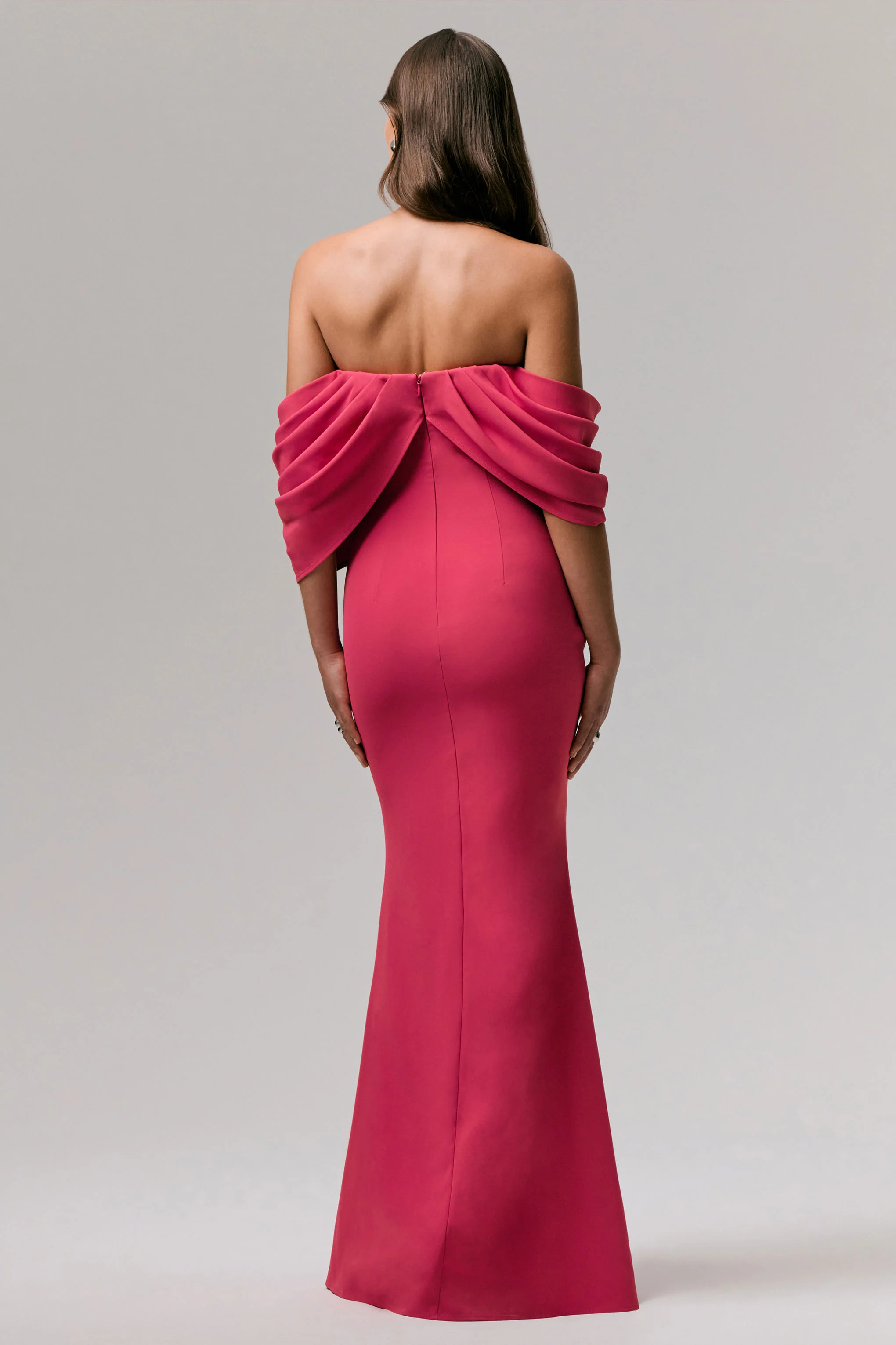 Serene | Hot Pink Draped Bardot Maxi Dress - Image 2
