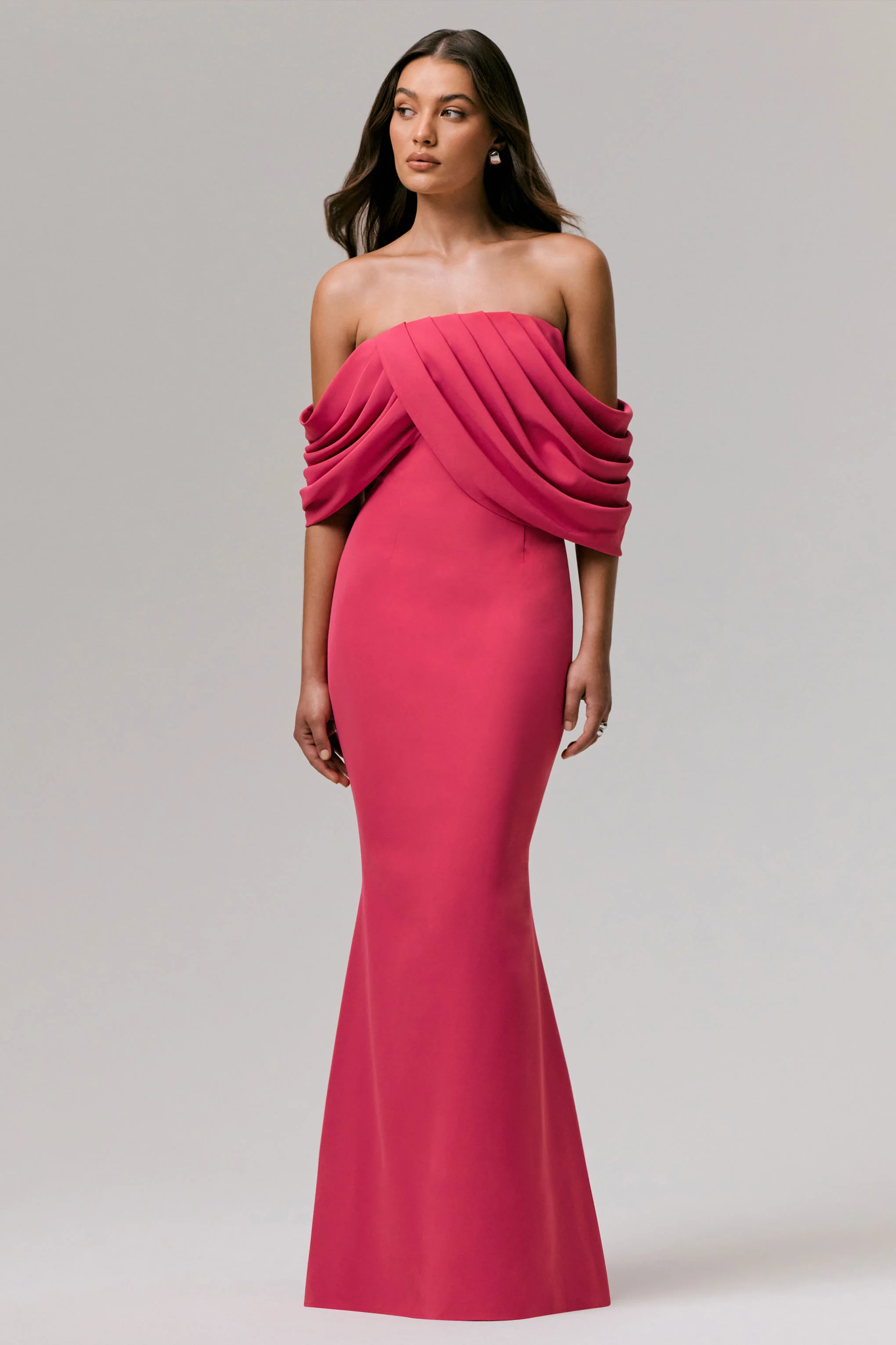 Serene | Hot Pink Draped Bardot Maxi Dress - Image 3
