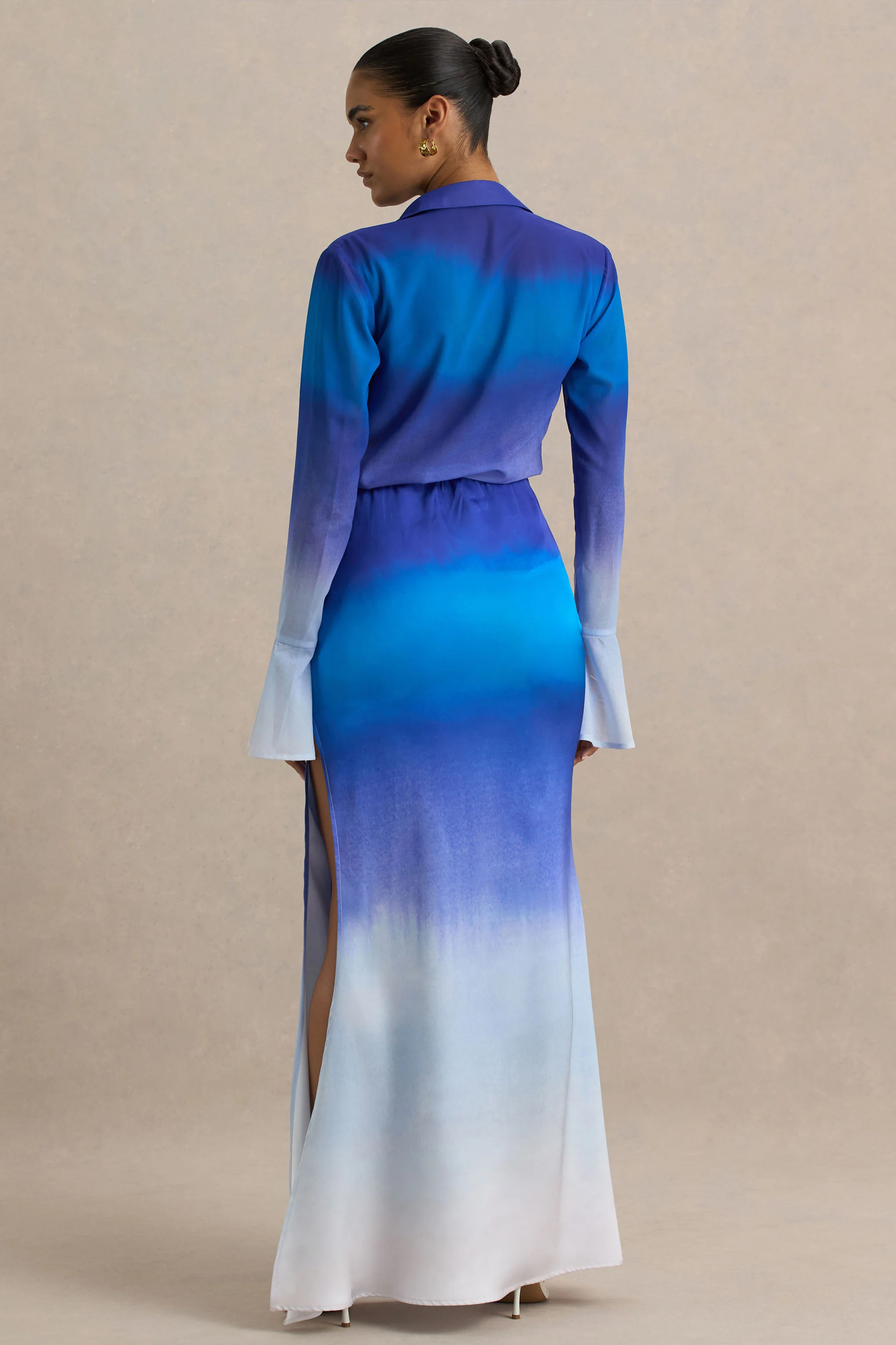 Serita | Blue Ombre Satin Split Maxi Skirt - Image 2