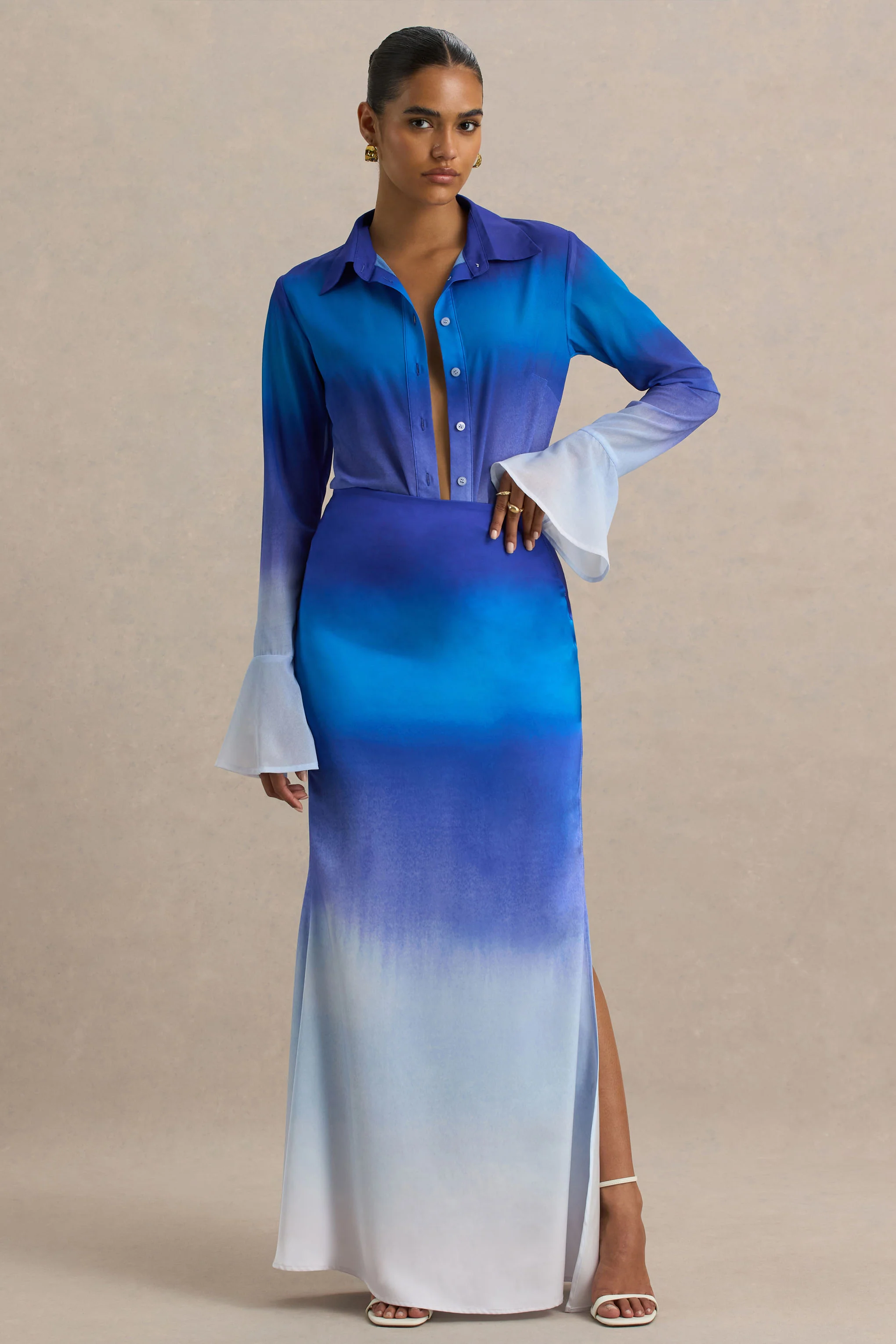 Serita | Blue Ombre Satin Split Maxi Skirt - Image 5