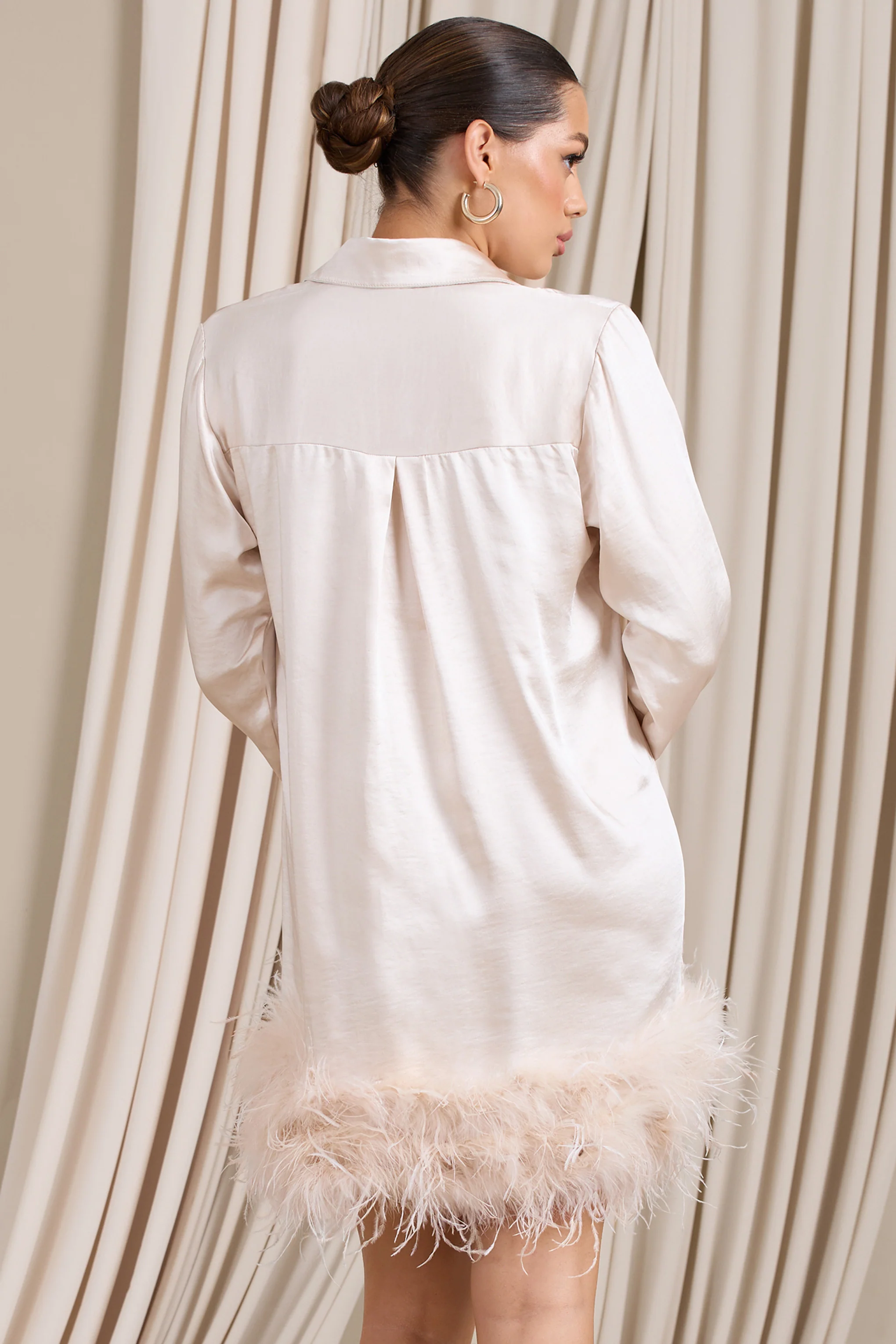 Step It Up | Ivory Satin Shirt Mini Dress With Feather Trim - Image 2