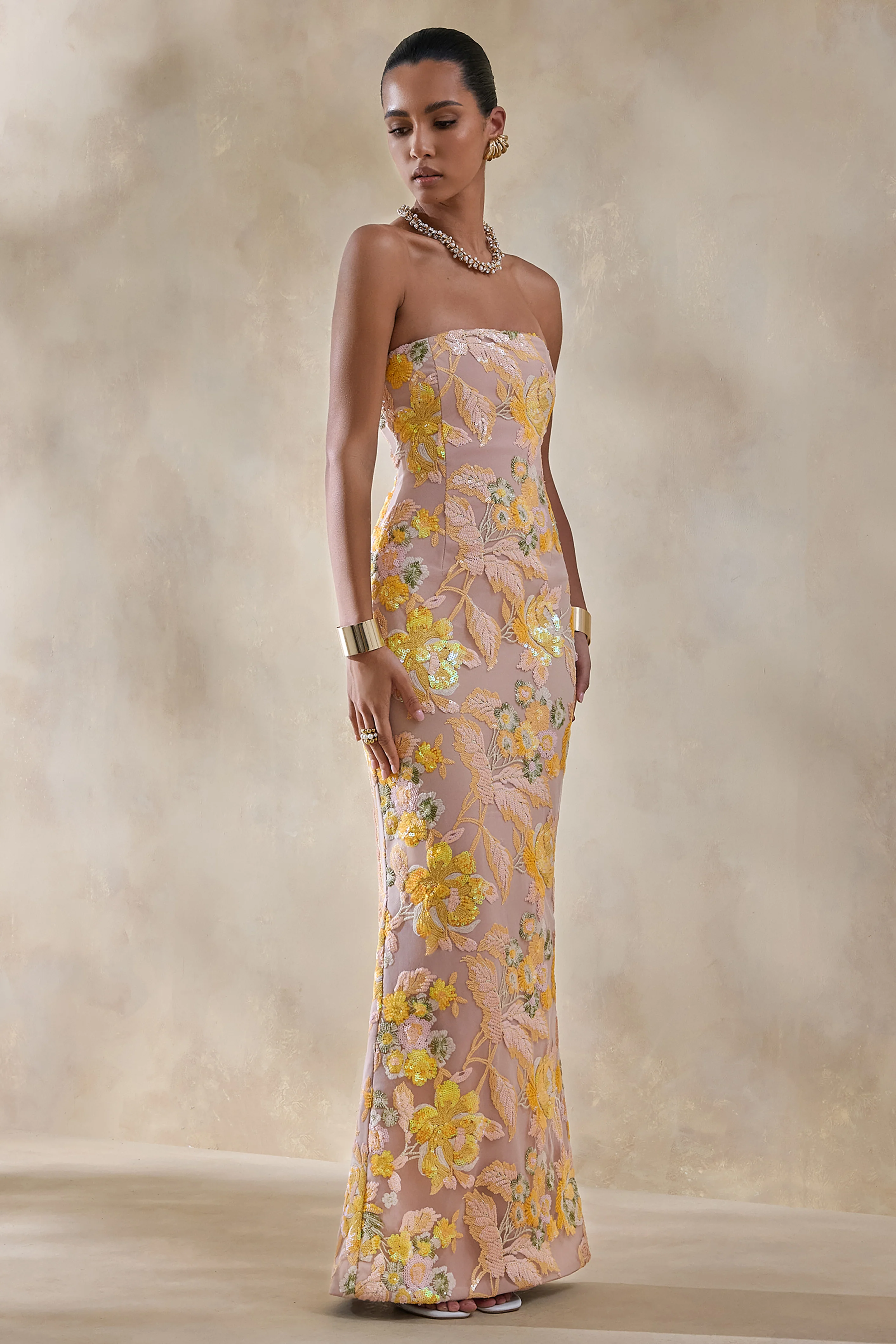 Severn | Yellow Embellished Floral Bandeau Maxi Dress - Image 5