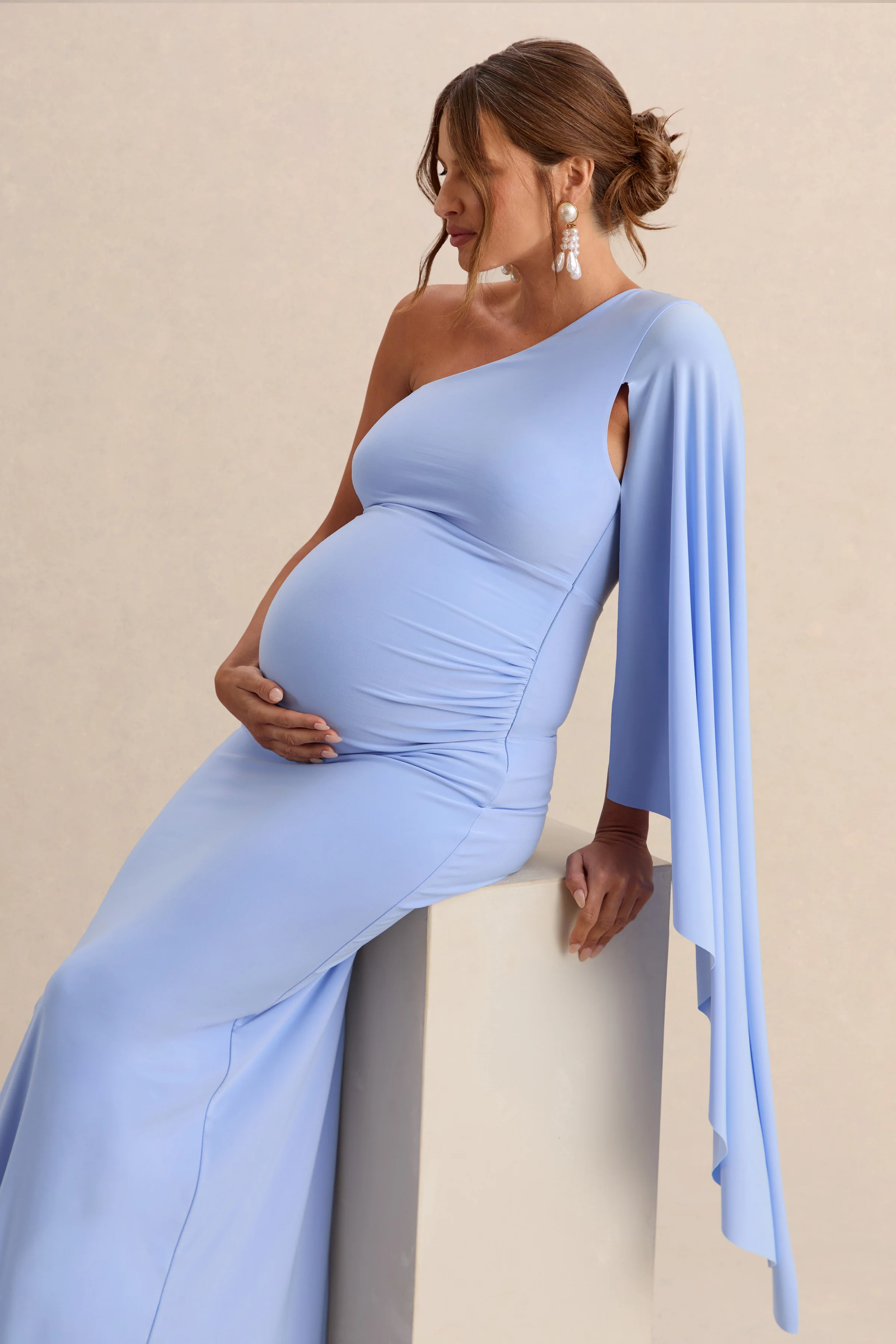 Shanae | Light Blue Asymmetric-Neck Maternity Maxi Dress With Cape Sleeve And Gathered Detailing - Image 3