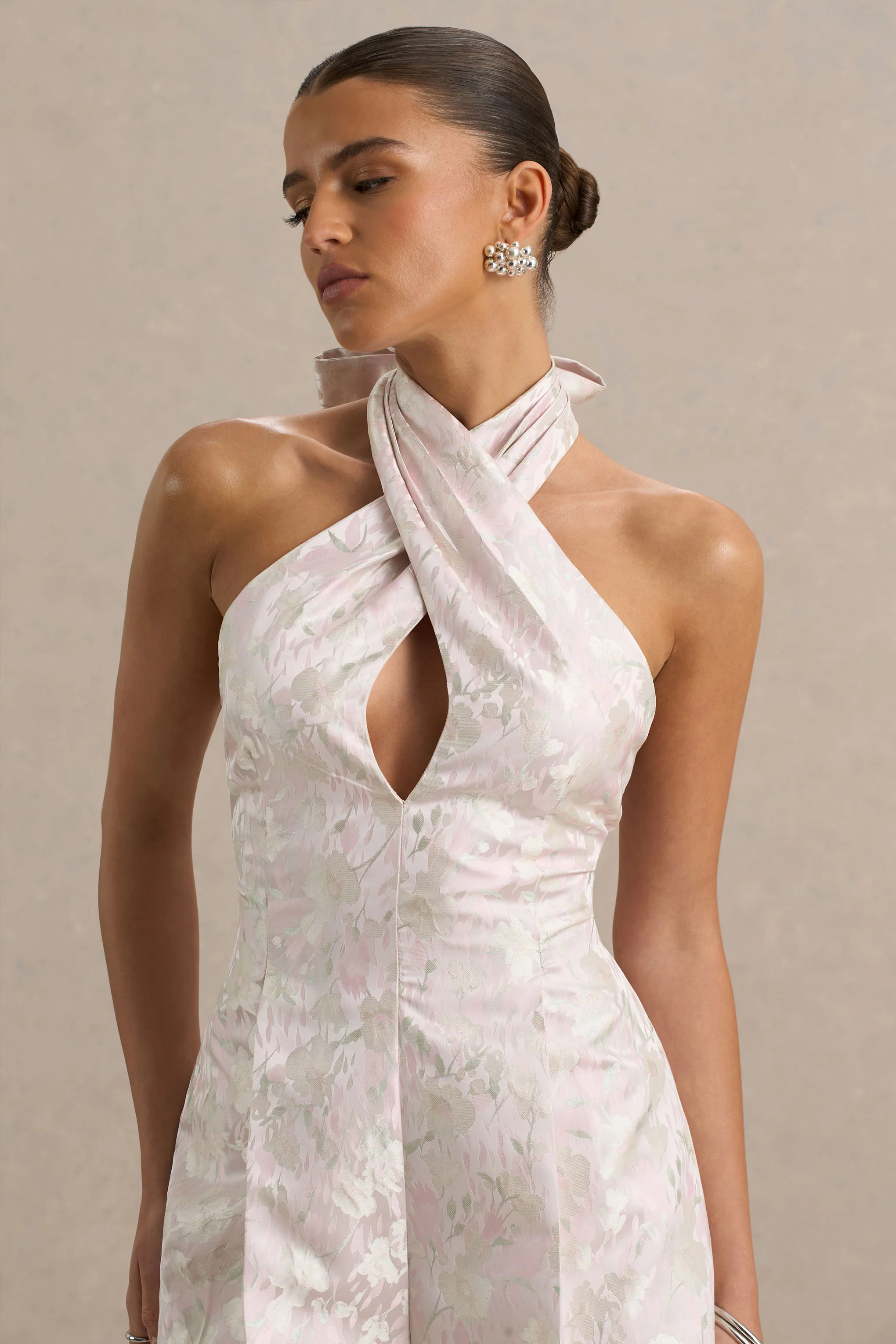 Sharie | Cream Floral Print Jacquard Halter-Neck Playsuit With Cut-Out Detail - Image 6