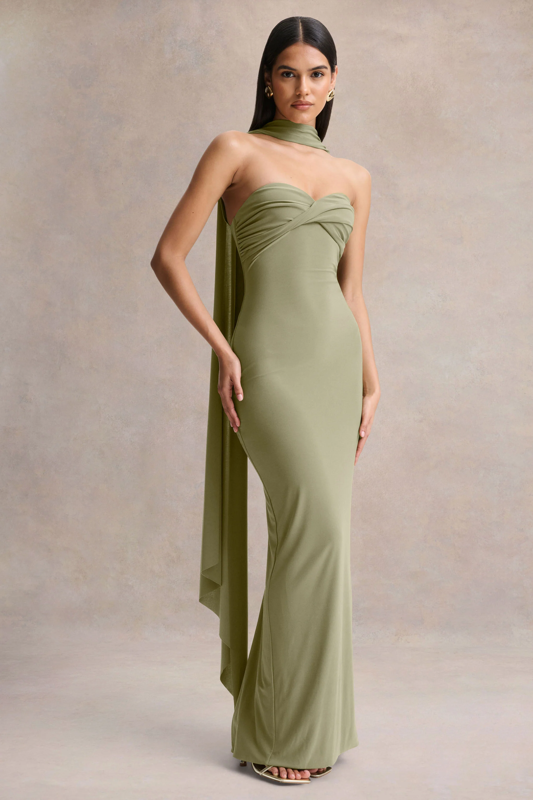Sheila | Olive Bandeau Maxi Dress With Scarf Detail - Image 4