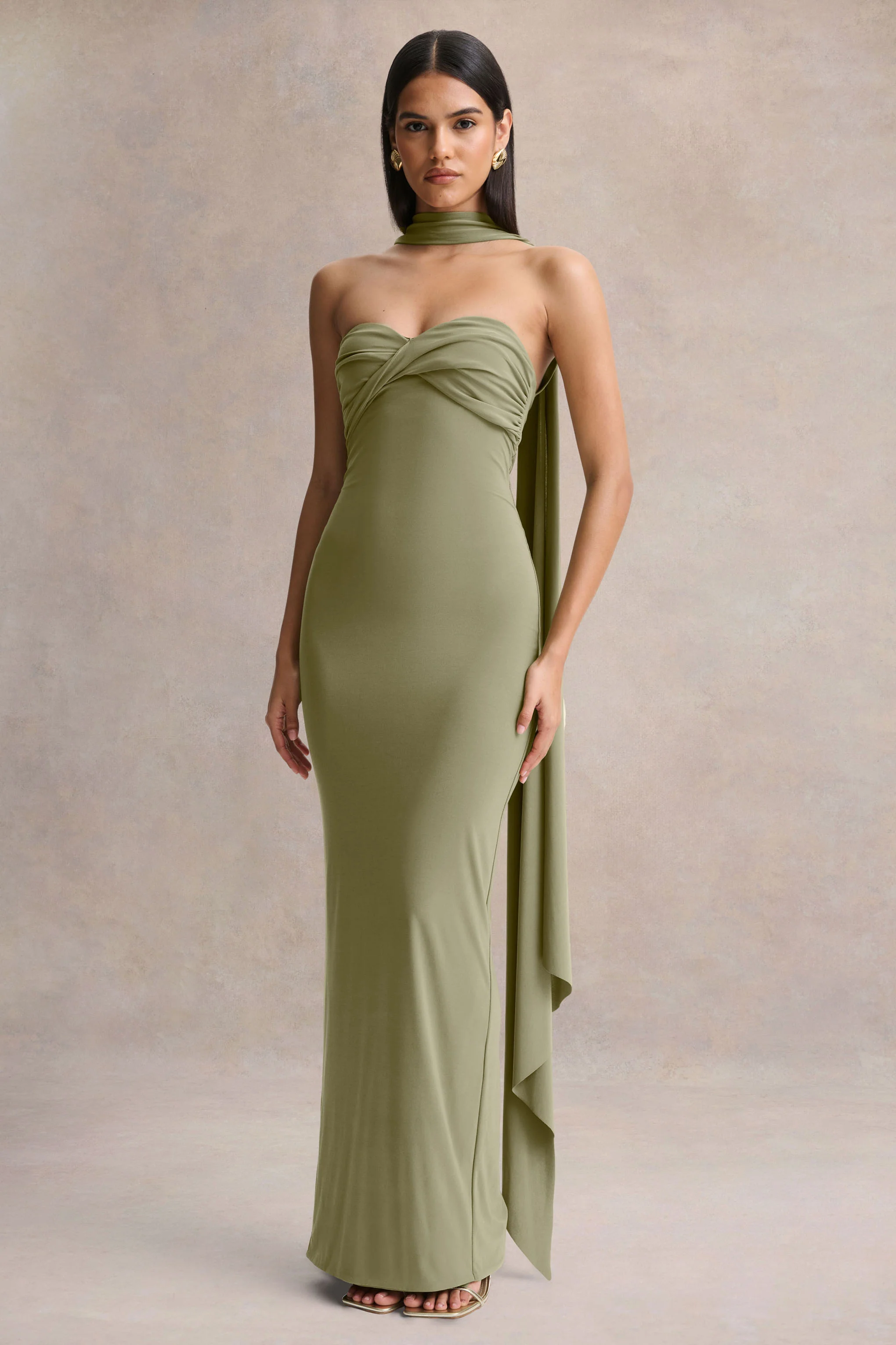 Sheila | Olive Bandeau Maxi Dress With Scarf Detail - Image 5
