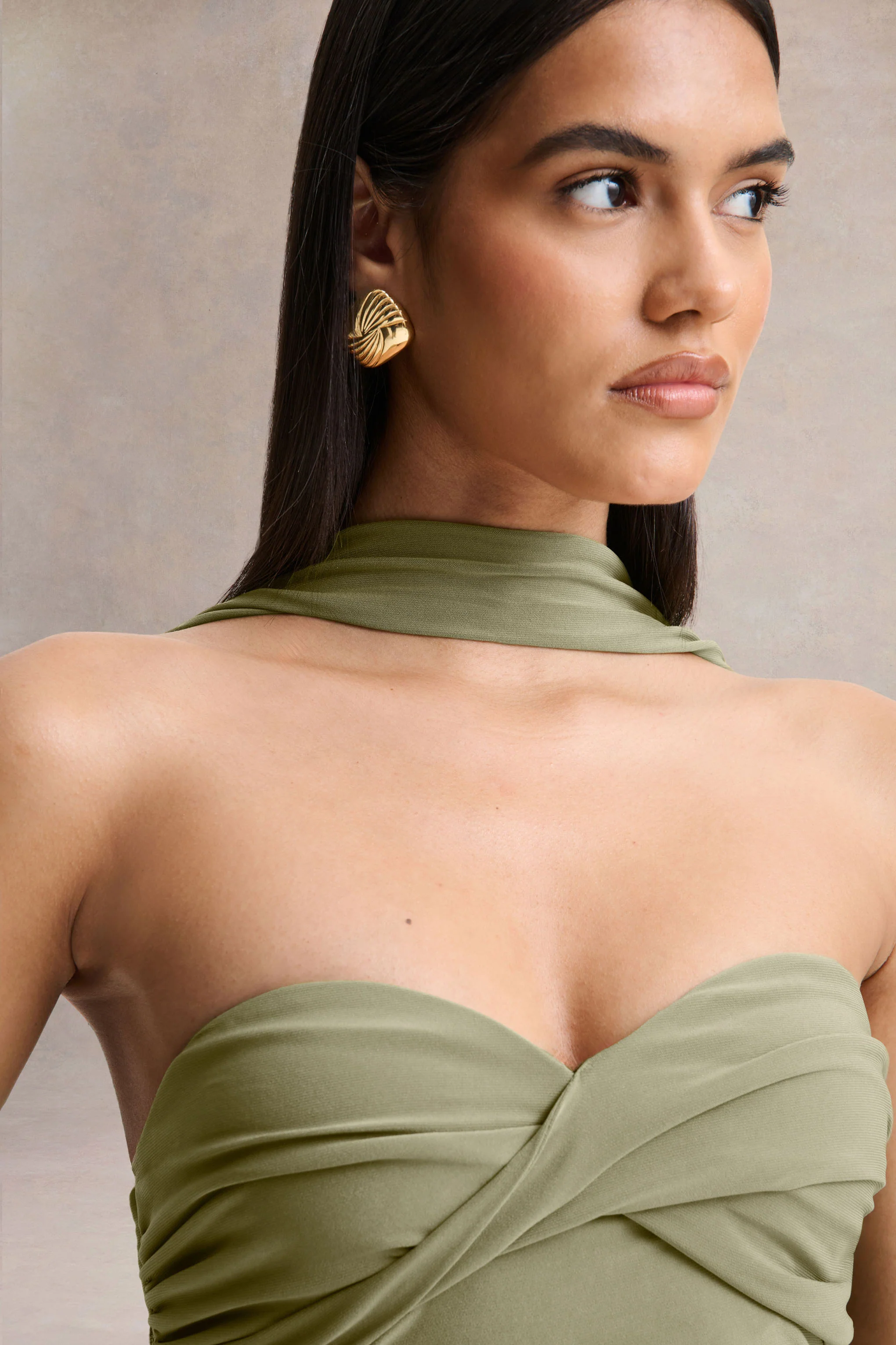 Sheila | Olive Bandeau Maxi Dress With Scarf Detail - Image 6