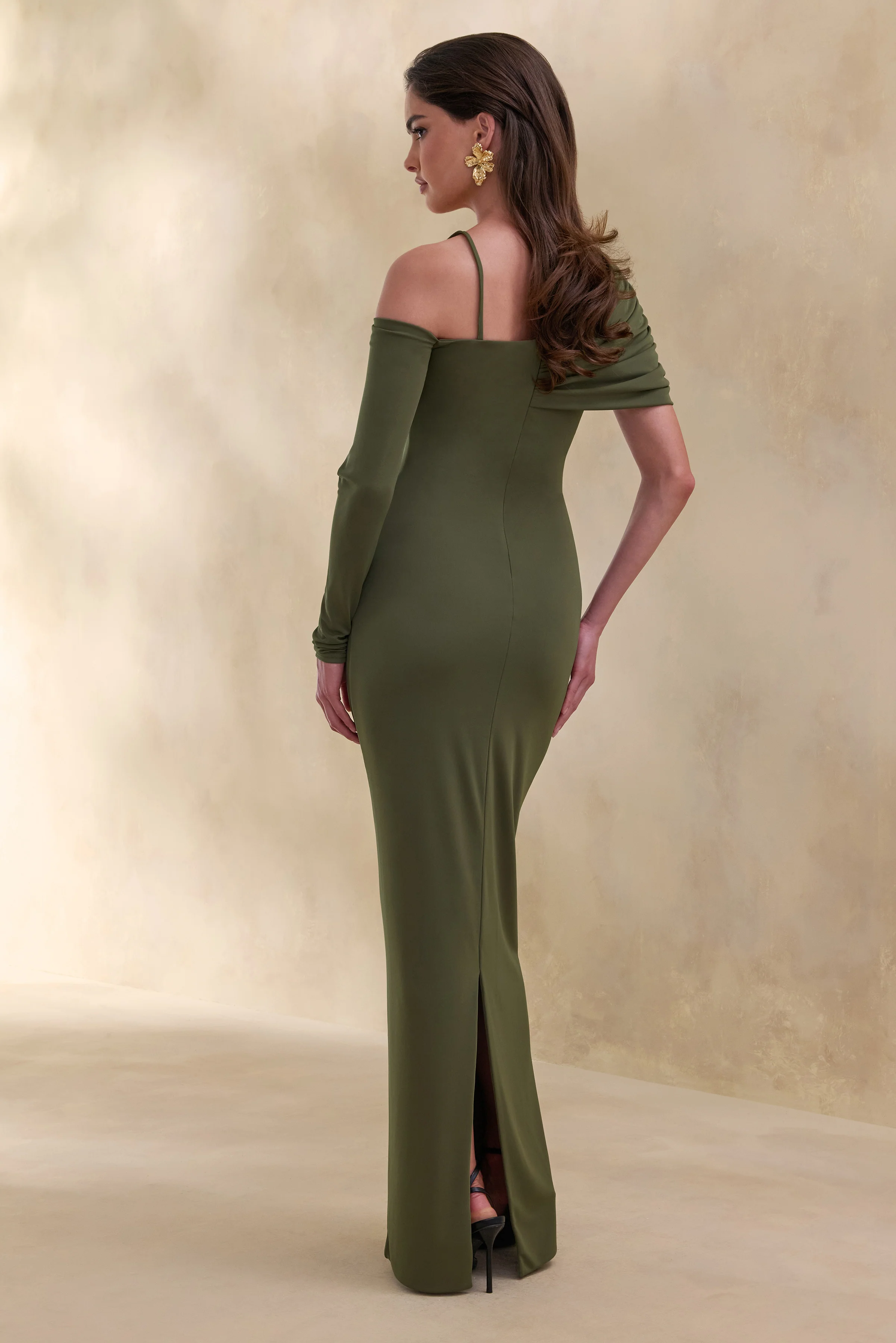 Silvaria | Olive Twisted Asymmetric-Neck Maxi Dress - Image 2
