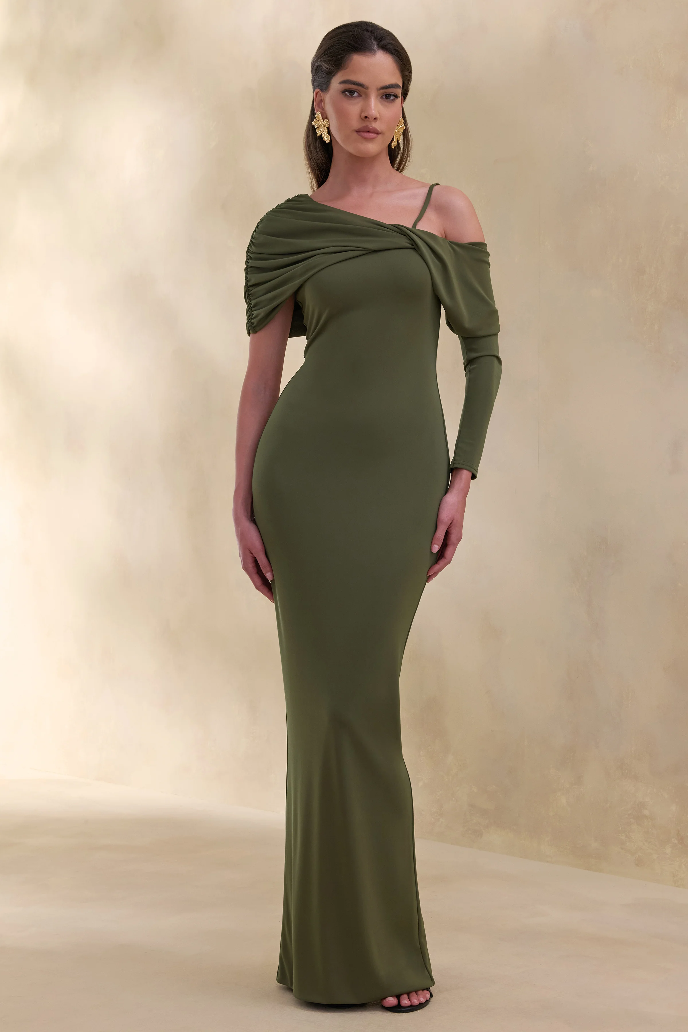 Silvaria | Olive Twisted Asymmetric-Neck Maxi Dress - Image 6