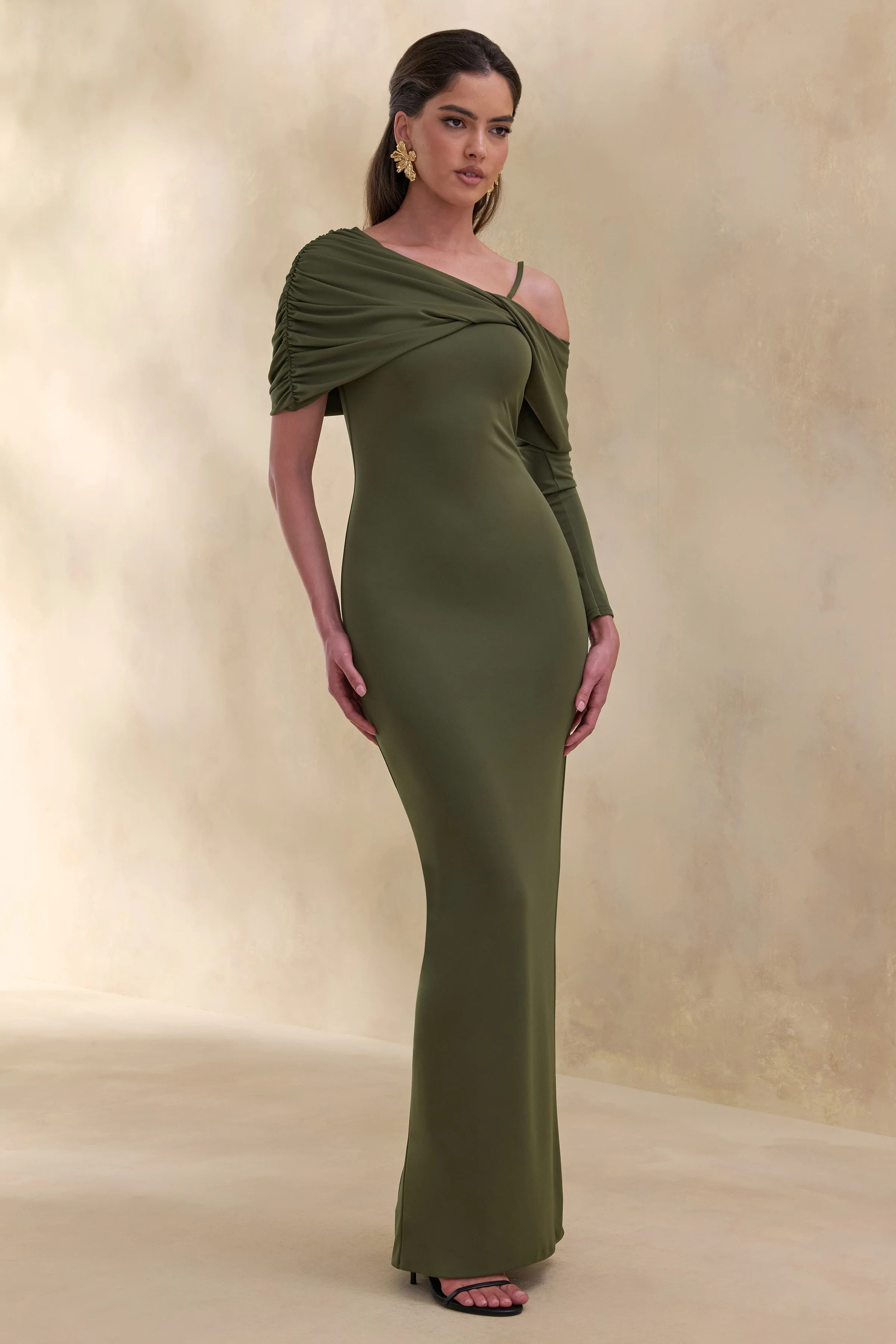 Silvaria | Olive Twisted Asymmetric-Neck Maxi Dress - Image 7