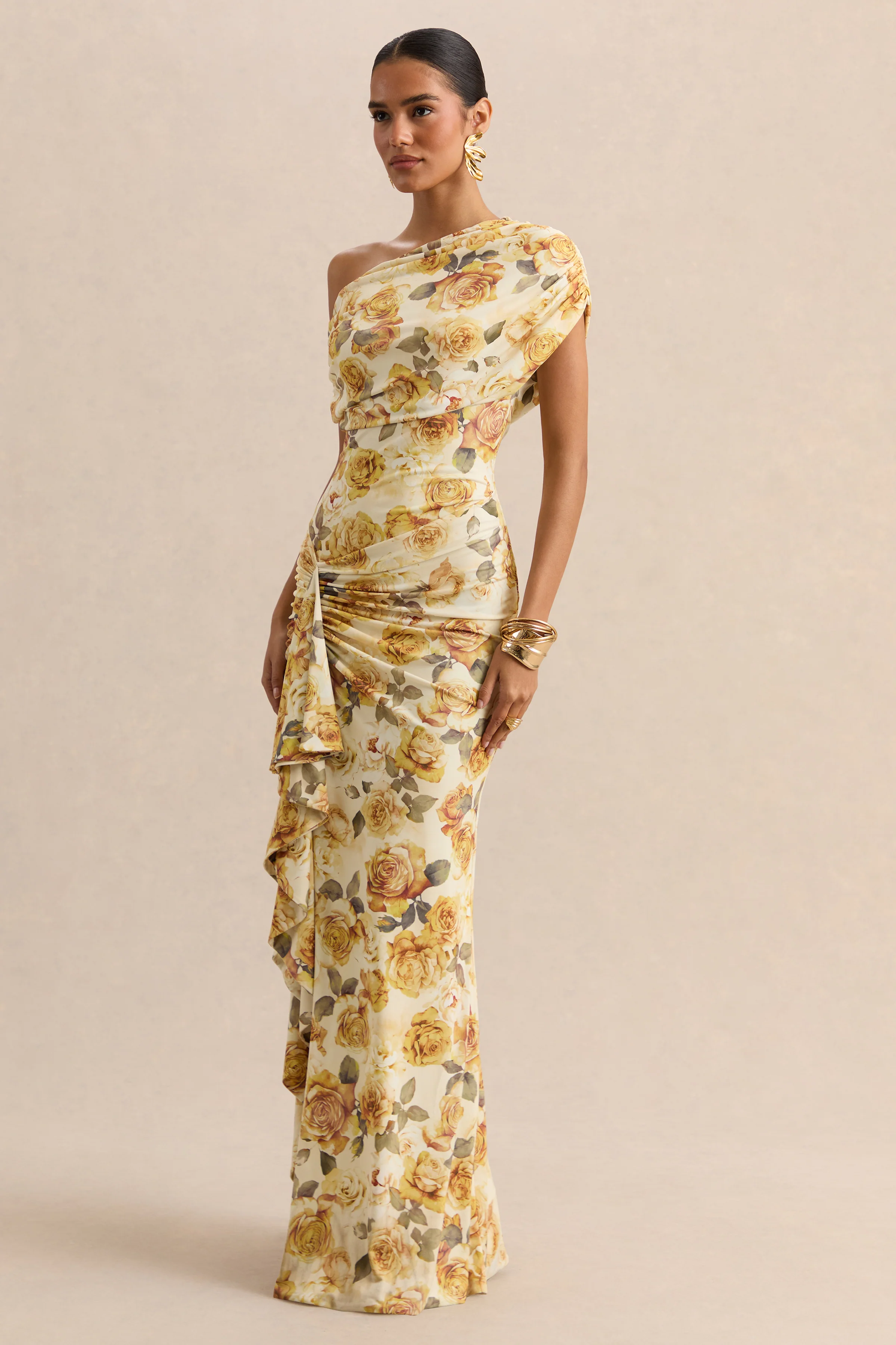 Siora | Lemon Rose Print Asymmetric-Neck Maxi Dress With Draped-Detailing - Image 2