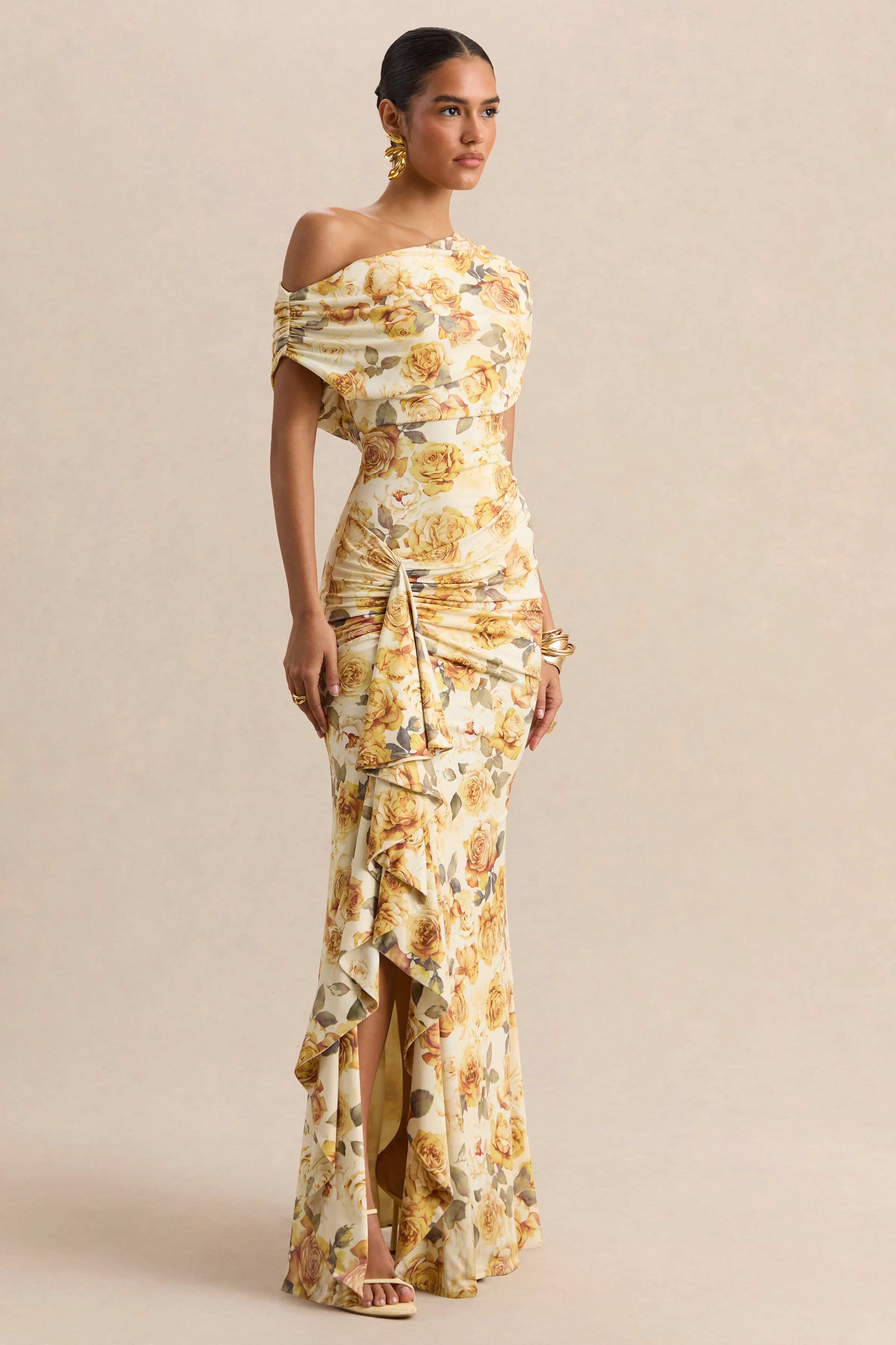 Siora | Lemon Rose Print Asymmetric-Neck Maxi Dress With Draped-Detailing - Image 4