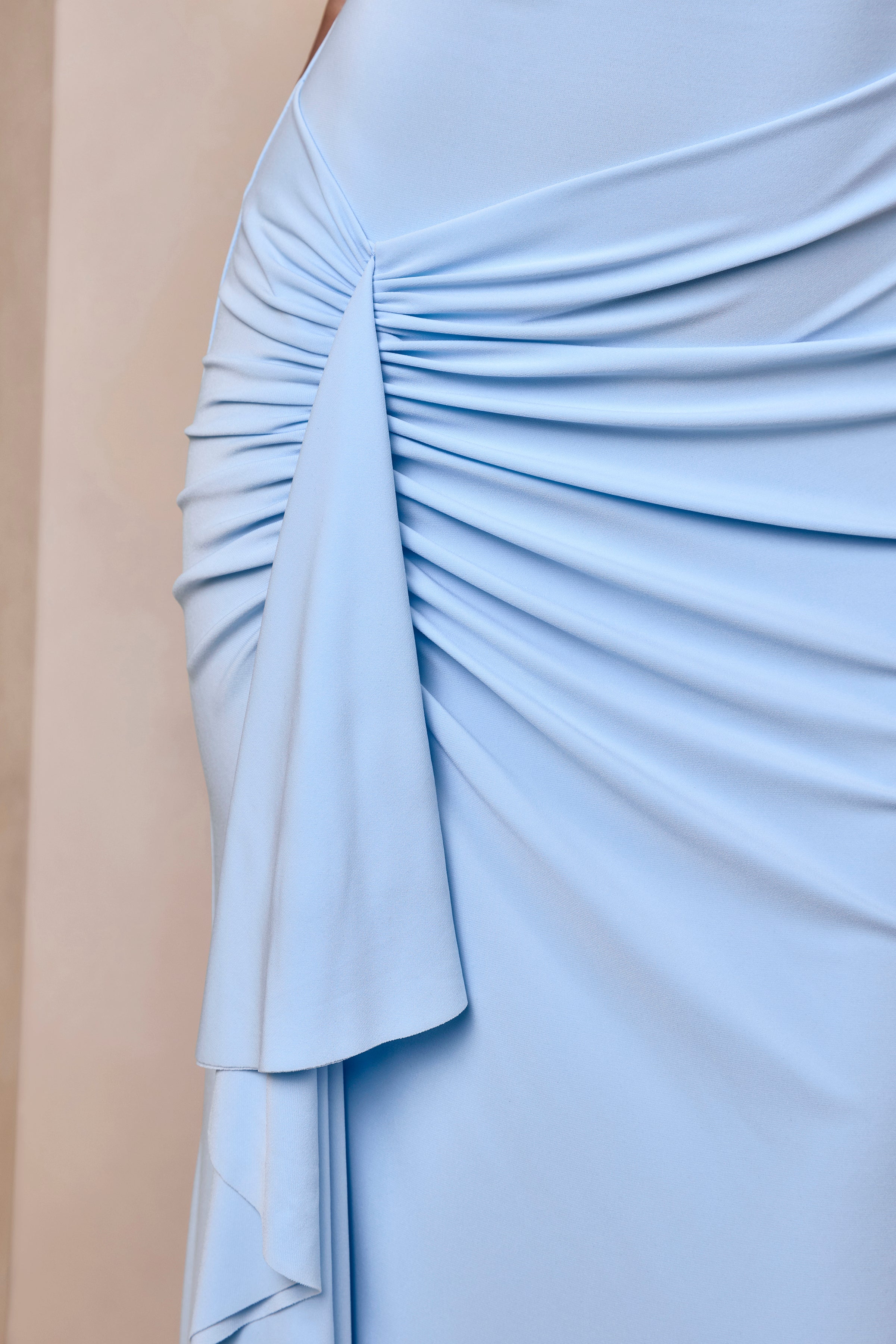 Siora | Powder Blue Asymmetric-Neck Maxi Dress With Draped-Detailing - Image 6