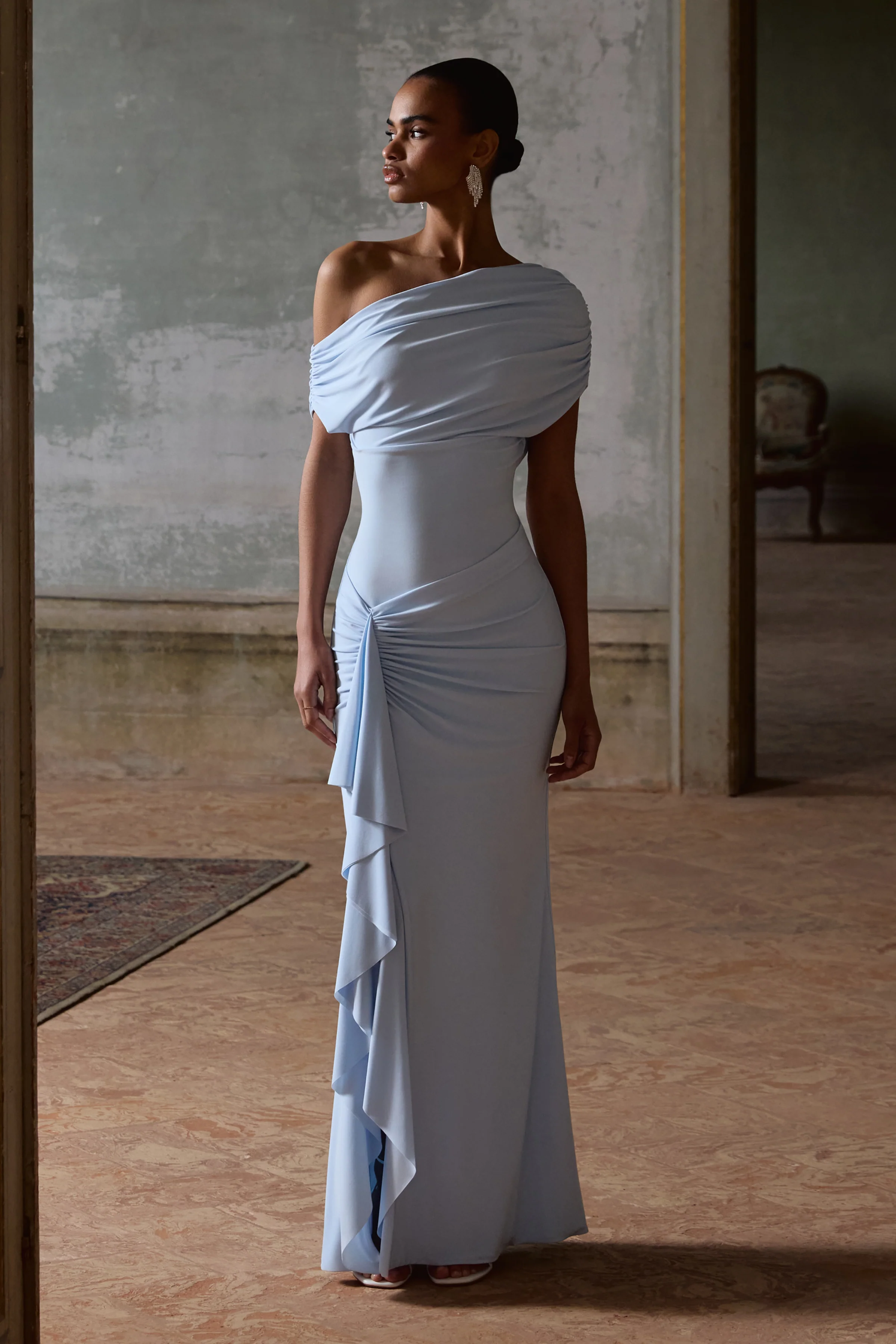 Siora | Powder Blue Asymmetric-Neck Maxi Dress With Draped-Detailing - Image 7