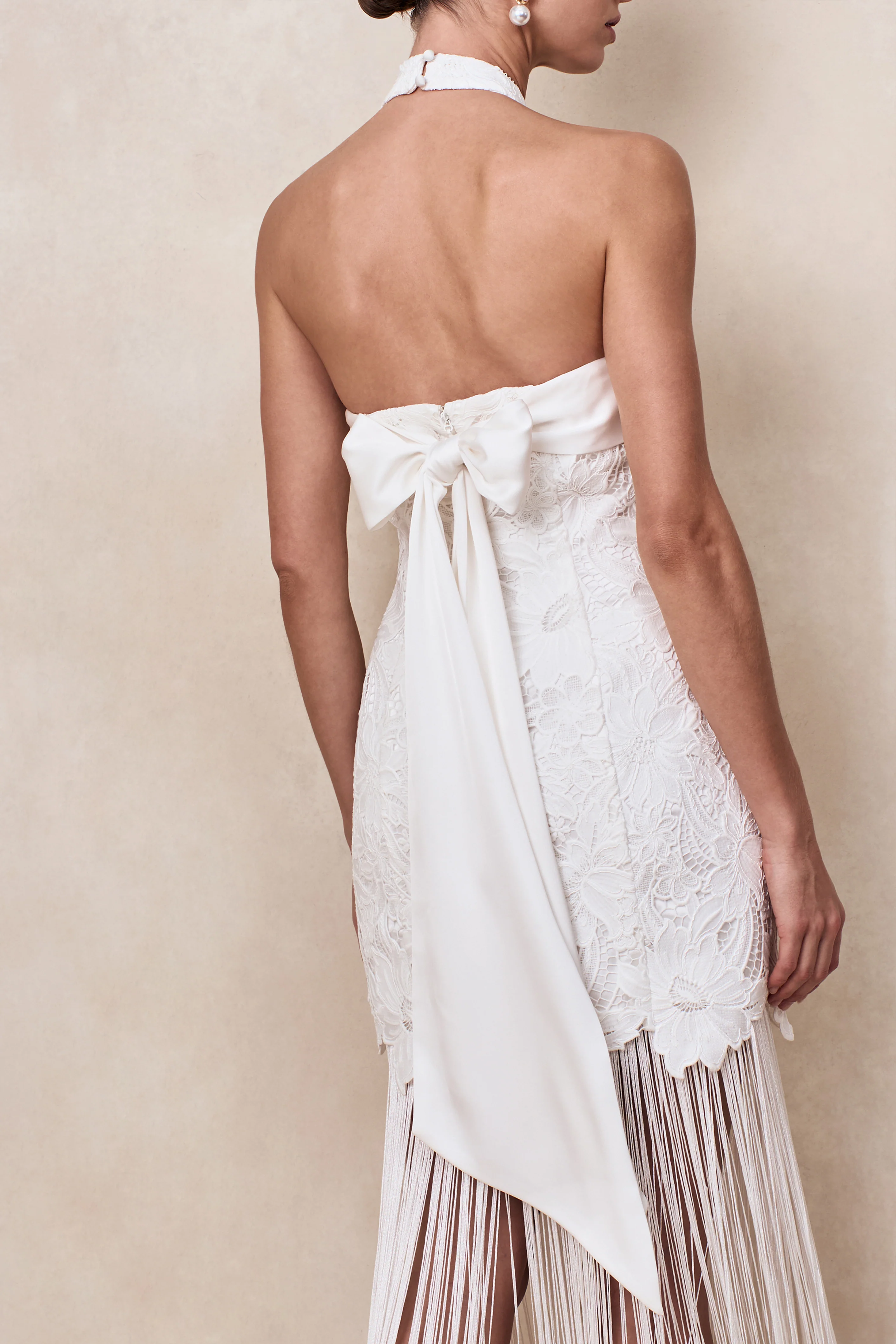 Skylar | White Lace Halter-Neck Maxi Dress With Open-Back And Bow Detail - Image 3