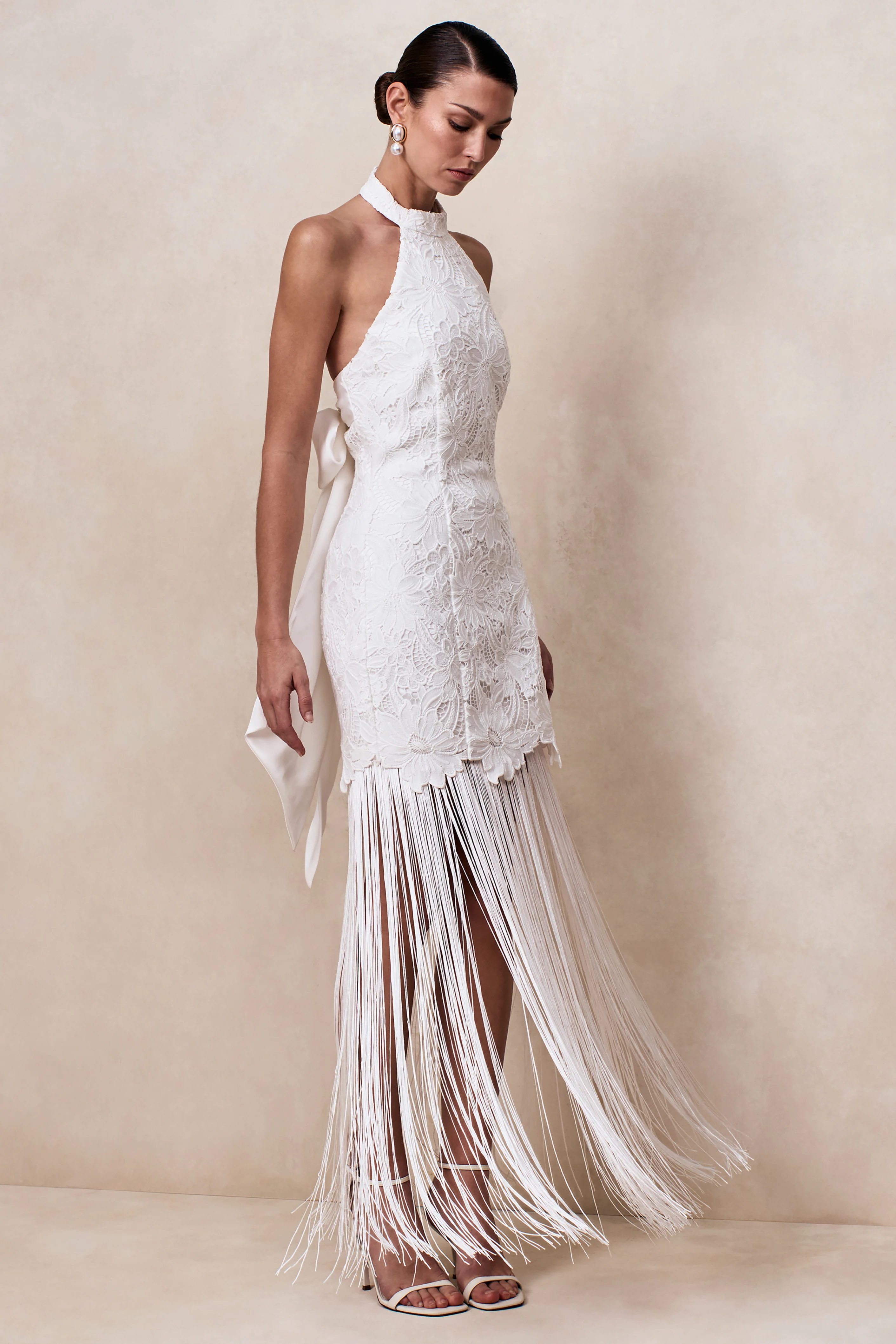 Skylar | White Lace Halter-Neck Maxi Dress With Open-Back And Bow Detail - Image 4