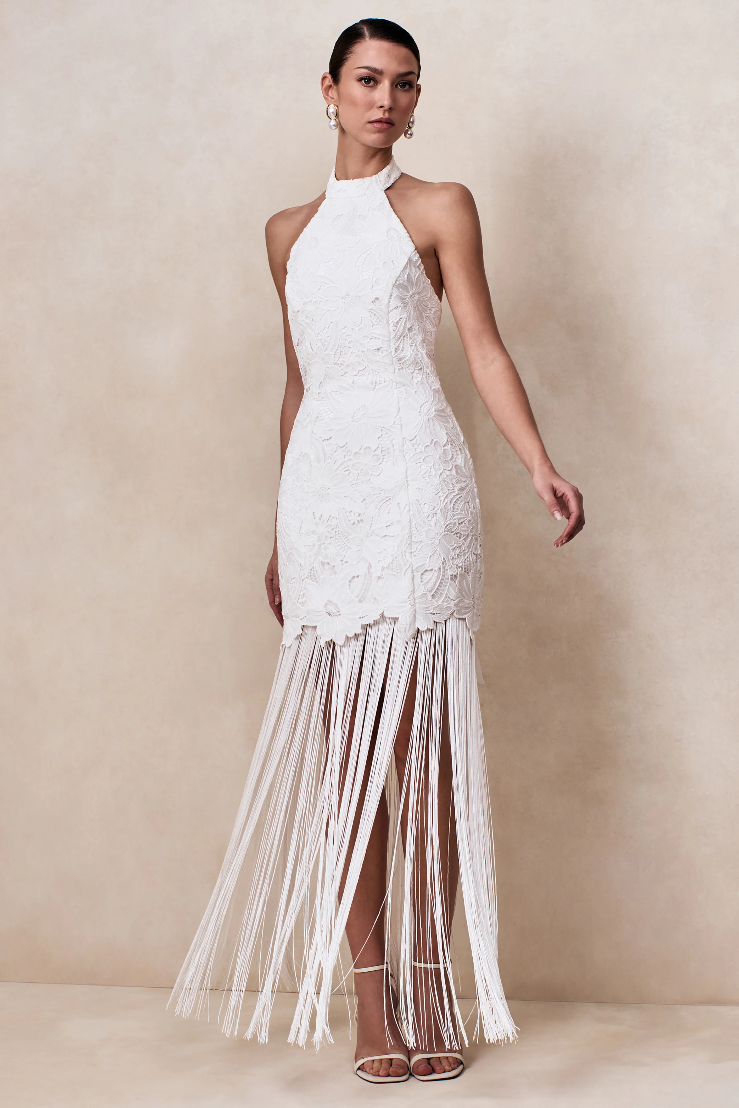 Skylar | White Lace Halter-Neck Maxi Dress With Open-Back And Bow Detail - Image 5