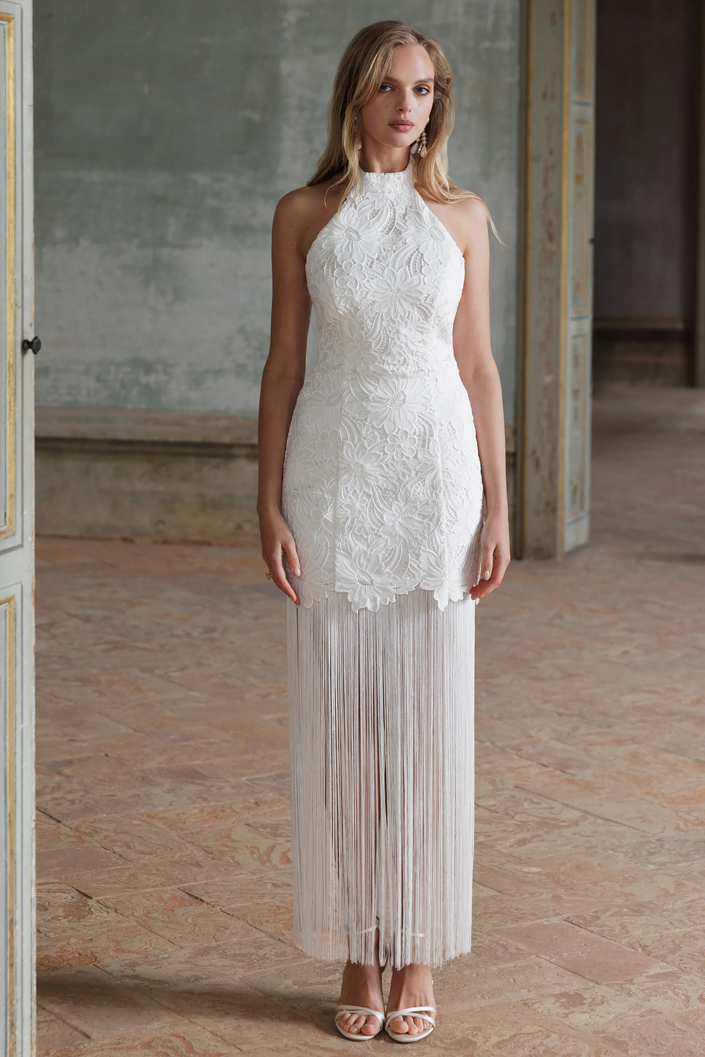 Skylar | White Lace Halter-Neck Maxi Dress With Open-Back And Bow Detail - Image 8