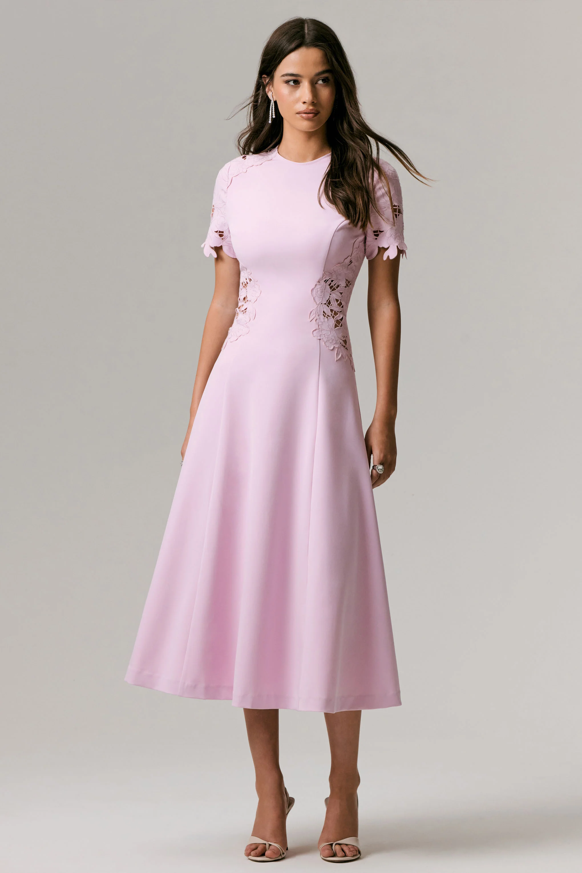 So Sweet | Pink Crew-Neck Midi Dress With Cut-Out Embroidered Detailing - Image 3