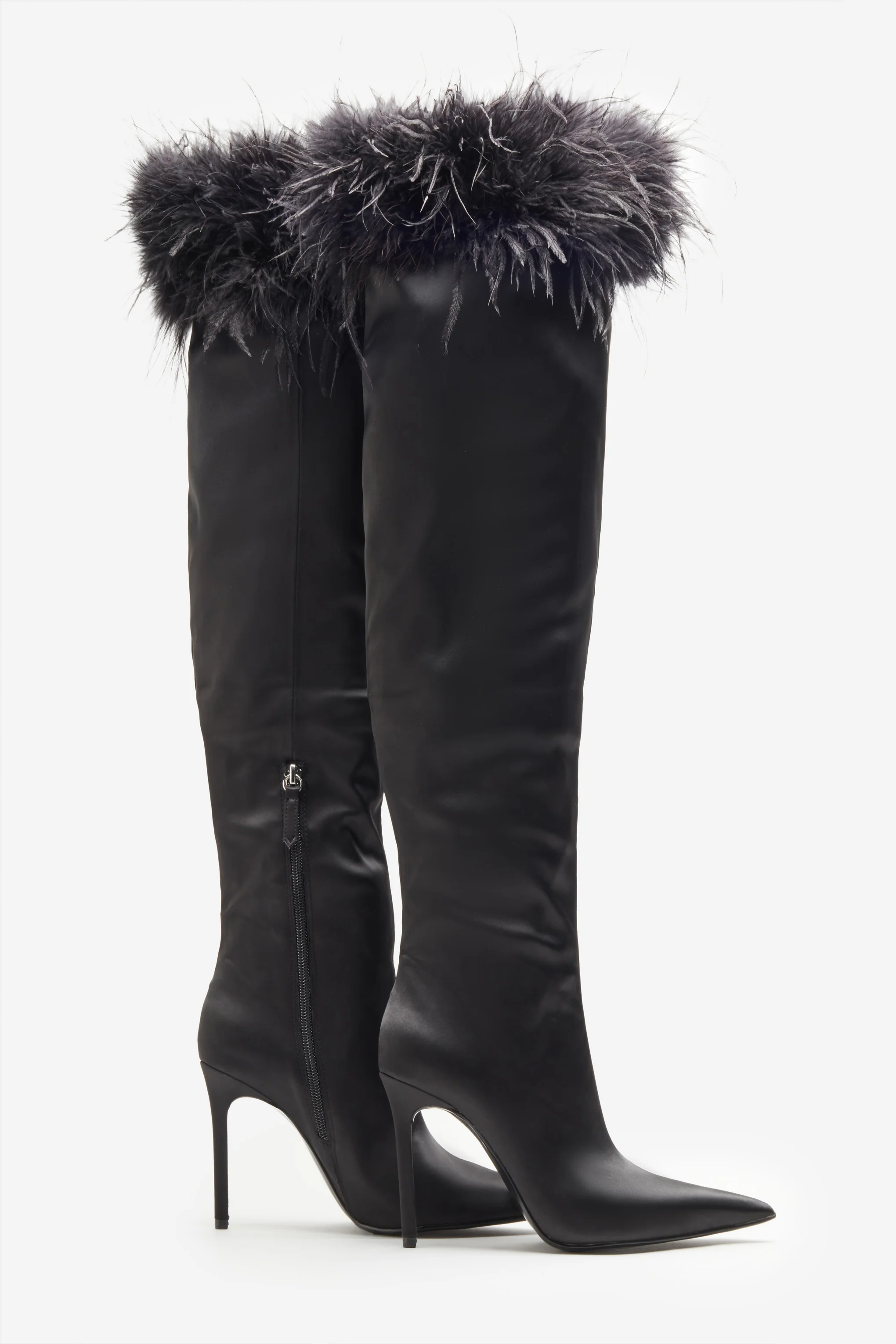 Soho | Black Satin Pointed Heeled Boots With Feather Trims - Image 3