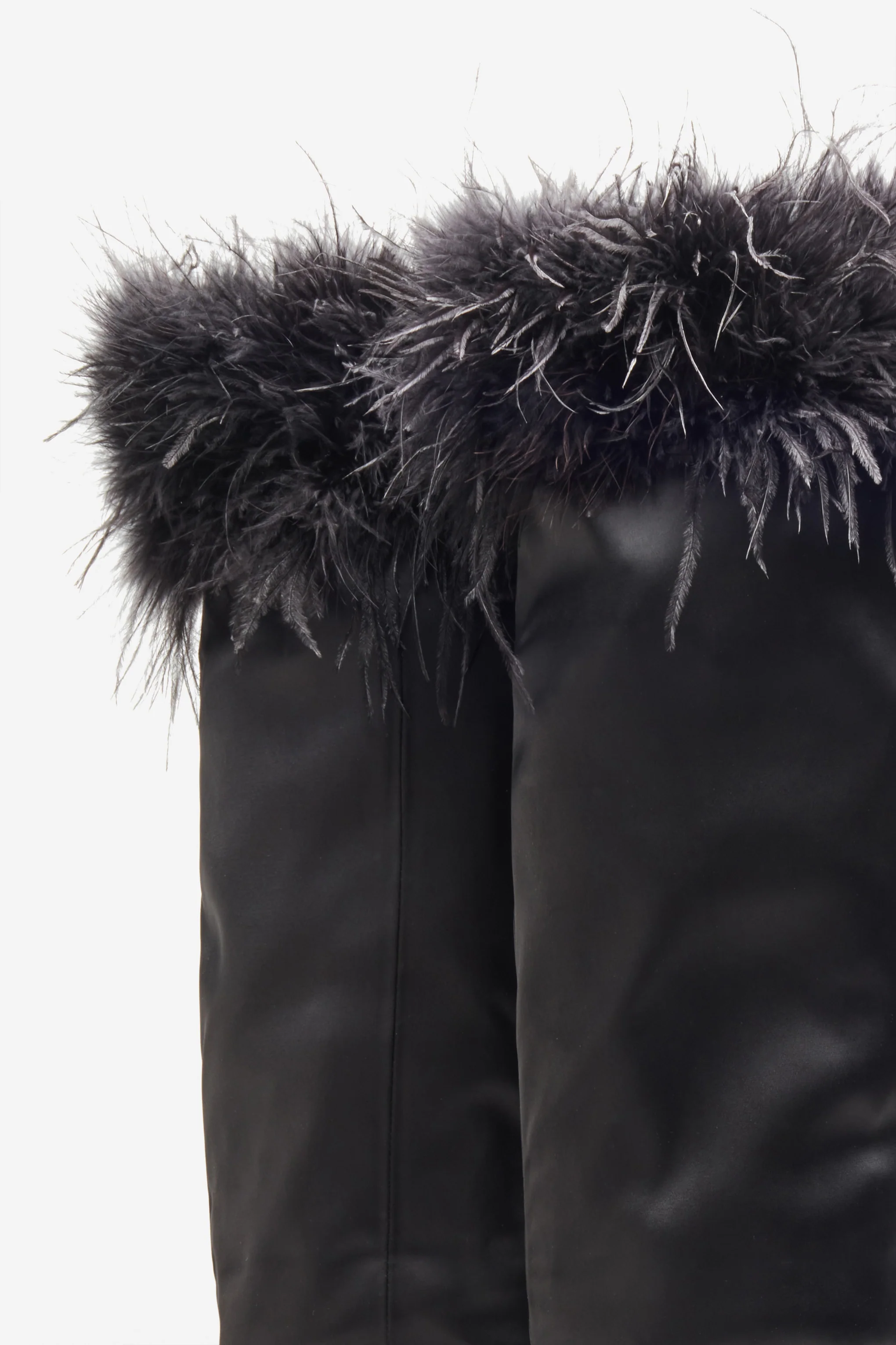 Soho | Black Satin Pointed Heeled Boots With Feather Trims - Image 4